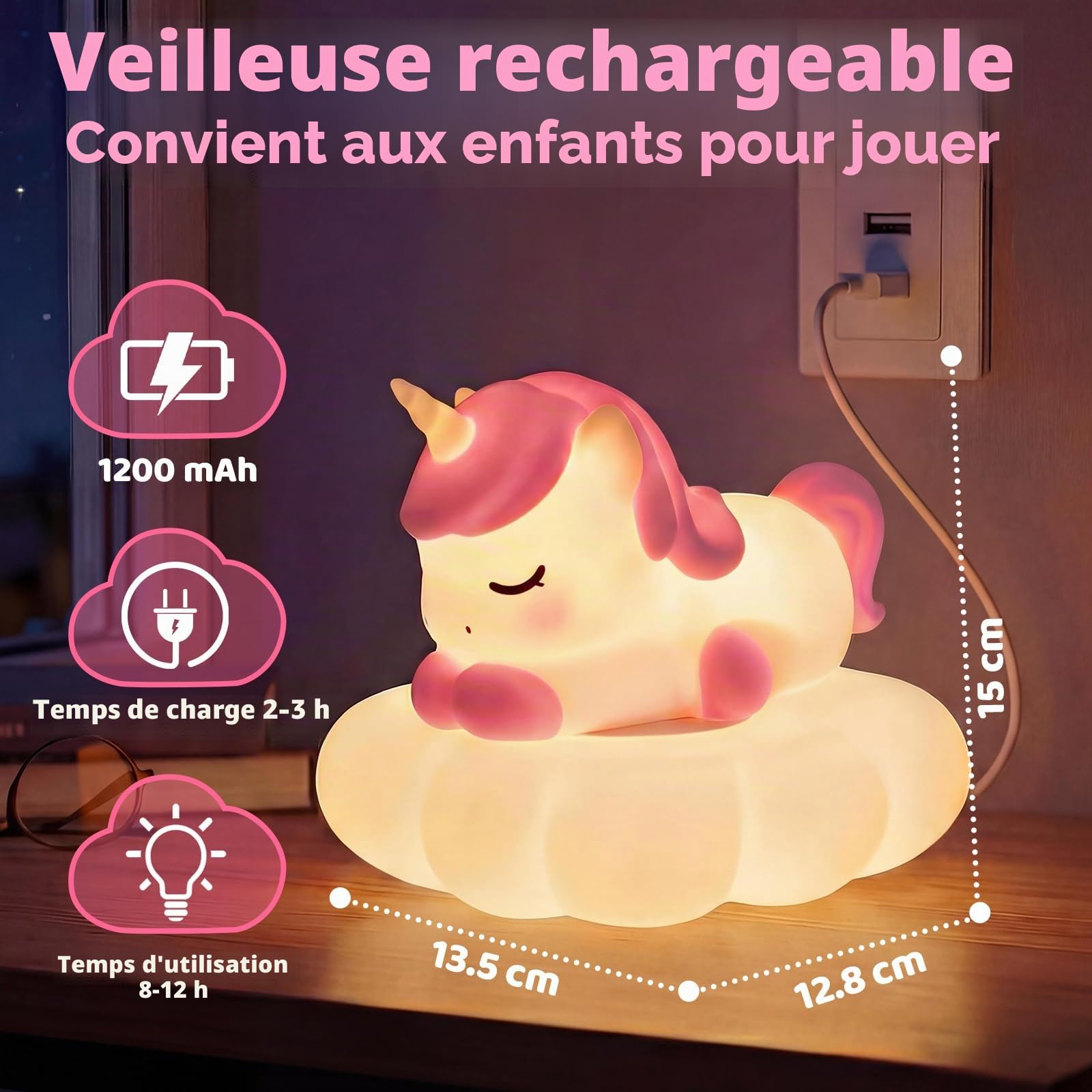Mewaii Licorne Veilleuse Bébé Lampe Enfant Silicone 3 Niveaux Luminosité 7 Modes Couleur Rechargeable Cadeaux Filles Garçons