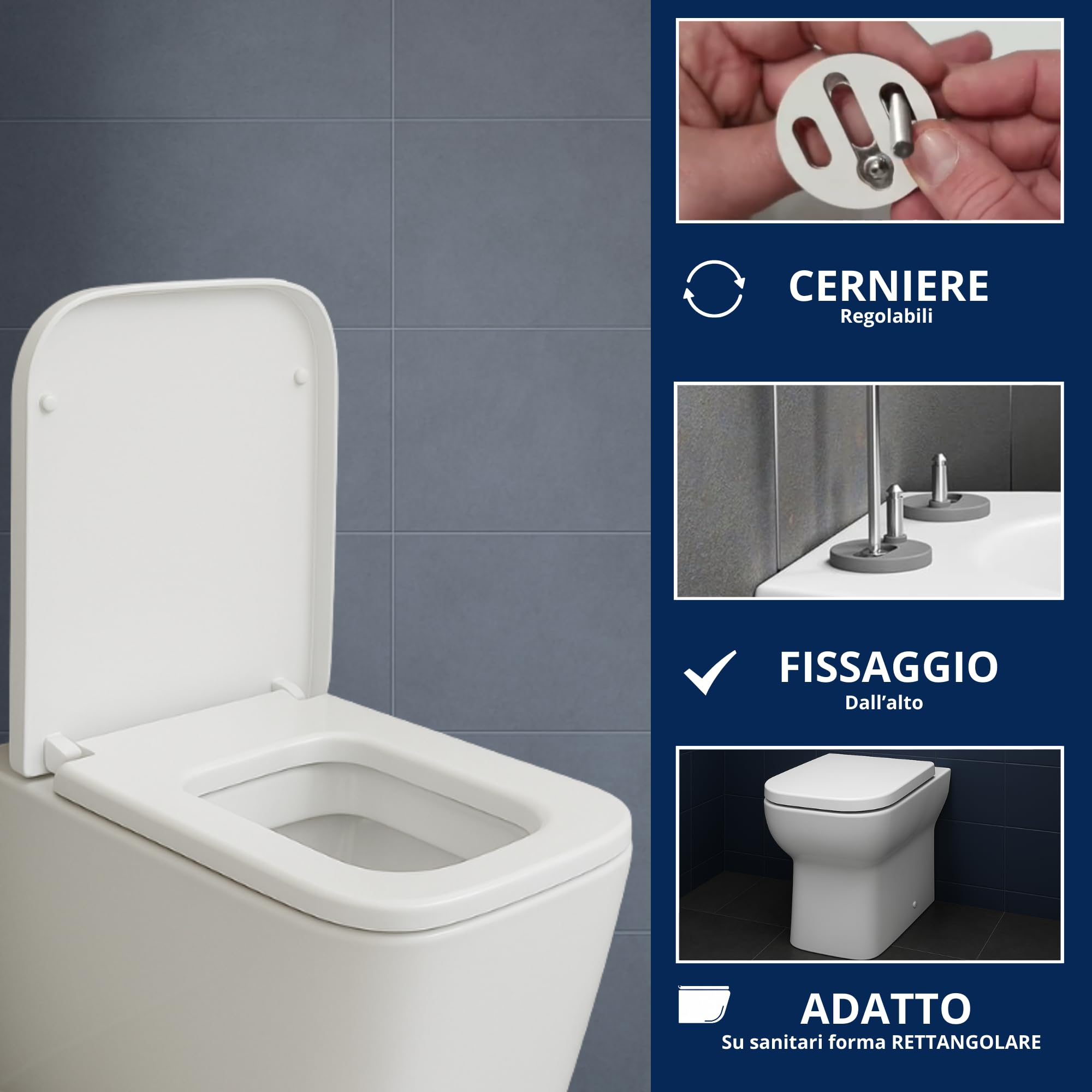 HYDRO HOME Deska sedesowa Prostokątny kształt HH313, pasuje do różnych modeli, termoutwardzalne tworzywo sztuczne zawijane zawiasy, regulowane zamki błyskawiczne, mocowanie od góry, kolor biały