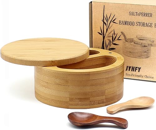 JYHFY Cuencos de sal y pimienta, bodega de sal con tapa giratoria, caja de sal de bambú con dos compartimentos para sales kosher, del Himalaya y del