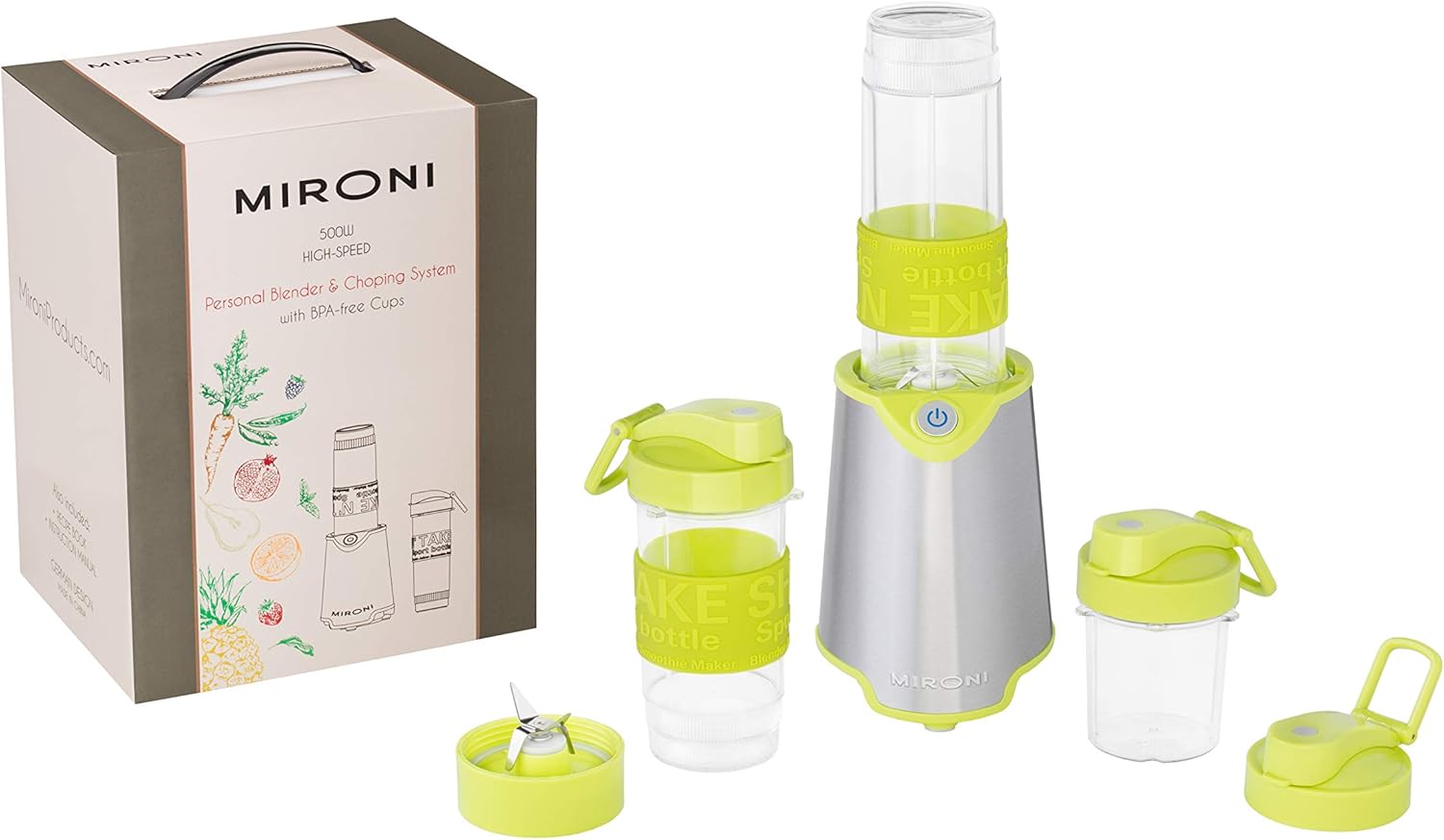 Mironi Personal Smoothie Blender 2-in-1 Single Serve, 500W With 20 Oz Tritan Sports Bottle and Grinder Cup for Juices, Shakes, Smoothies and More