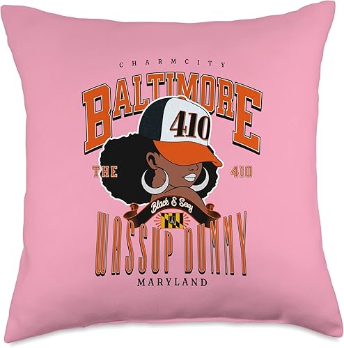 Around the Way Girls Baltimore Area Code 410 410 Area Code Baltimore Maryland Flag Blaq Girl Bmore Pride Throw Pillow, 18x18, Multicolor