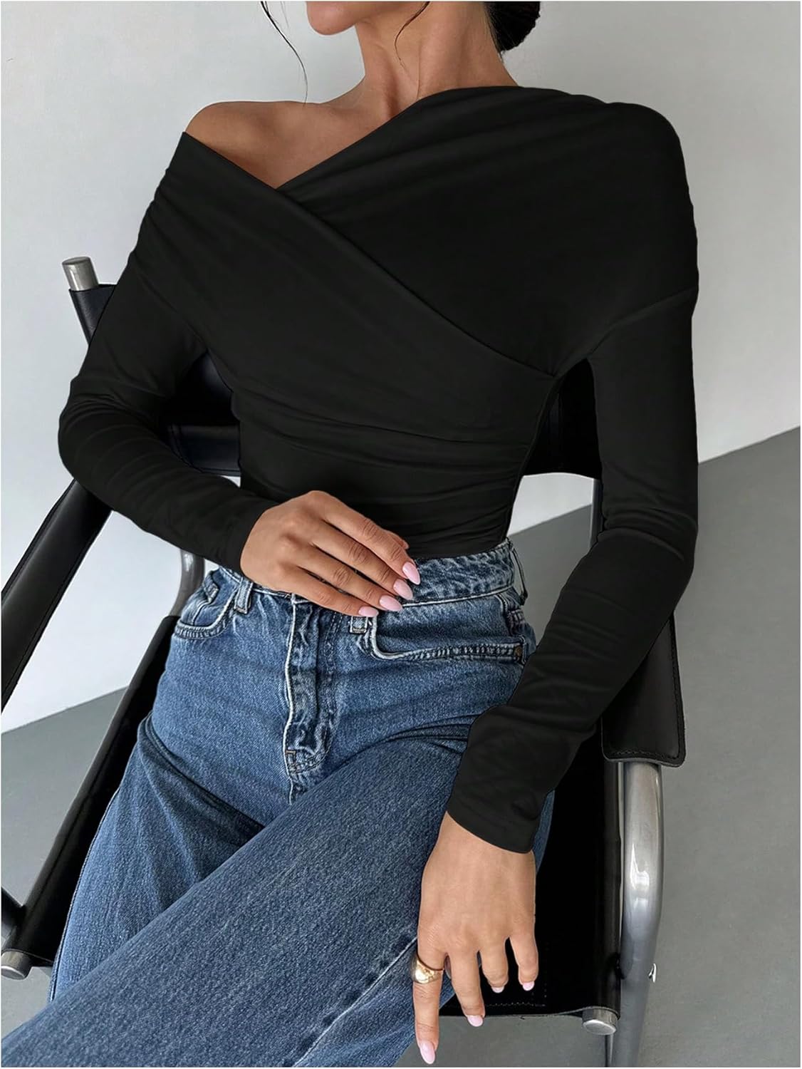 Verdusa Women's Off The Shoulder Wrap Tops Ruched Long Sleeve Slim Fit T Shirts - Image 5