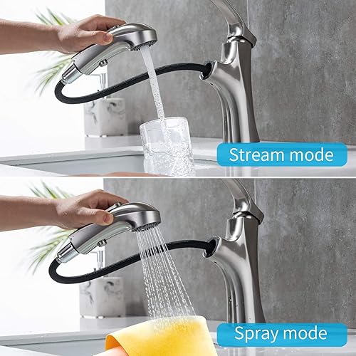 Miniatura 4 de MIAOHUI Grifo de baño extraíble de níquel cepillado, grifo de fregadero de baño de un solo orificio con 3 modos de rociador, grifo de tocador