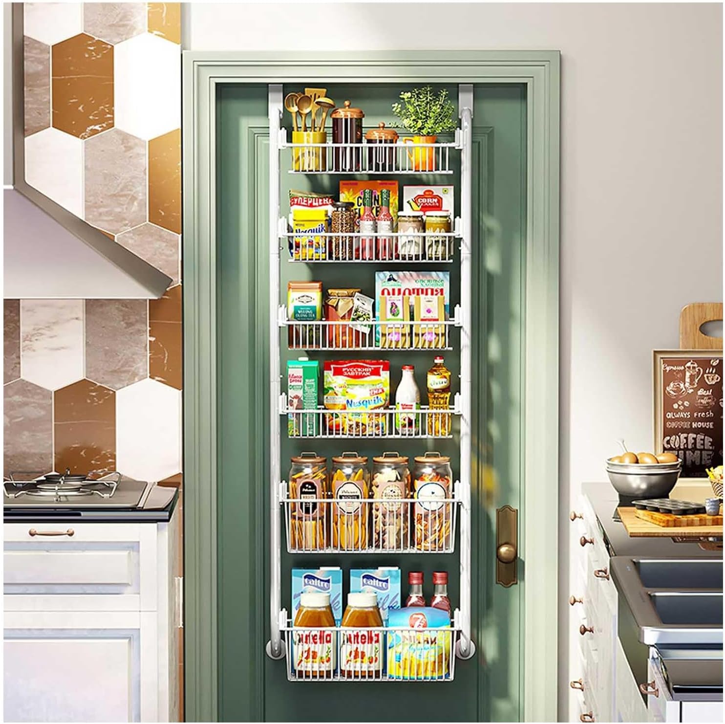 Over the Door Pantry Organizer, Metal Pantry Organizers and Storage, 6-Tier Over the Door Spice Rack Organizer pantry, Pantry Door Organizer for Easy Install (6-Tier White)