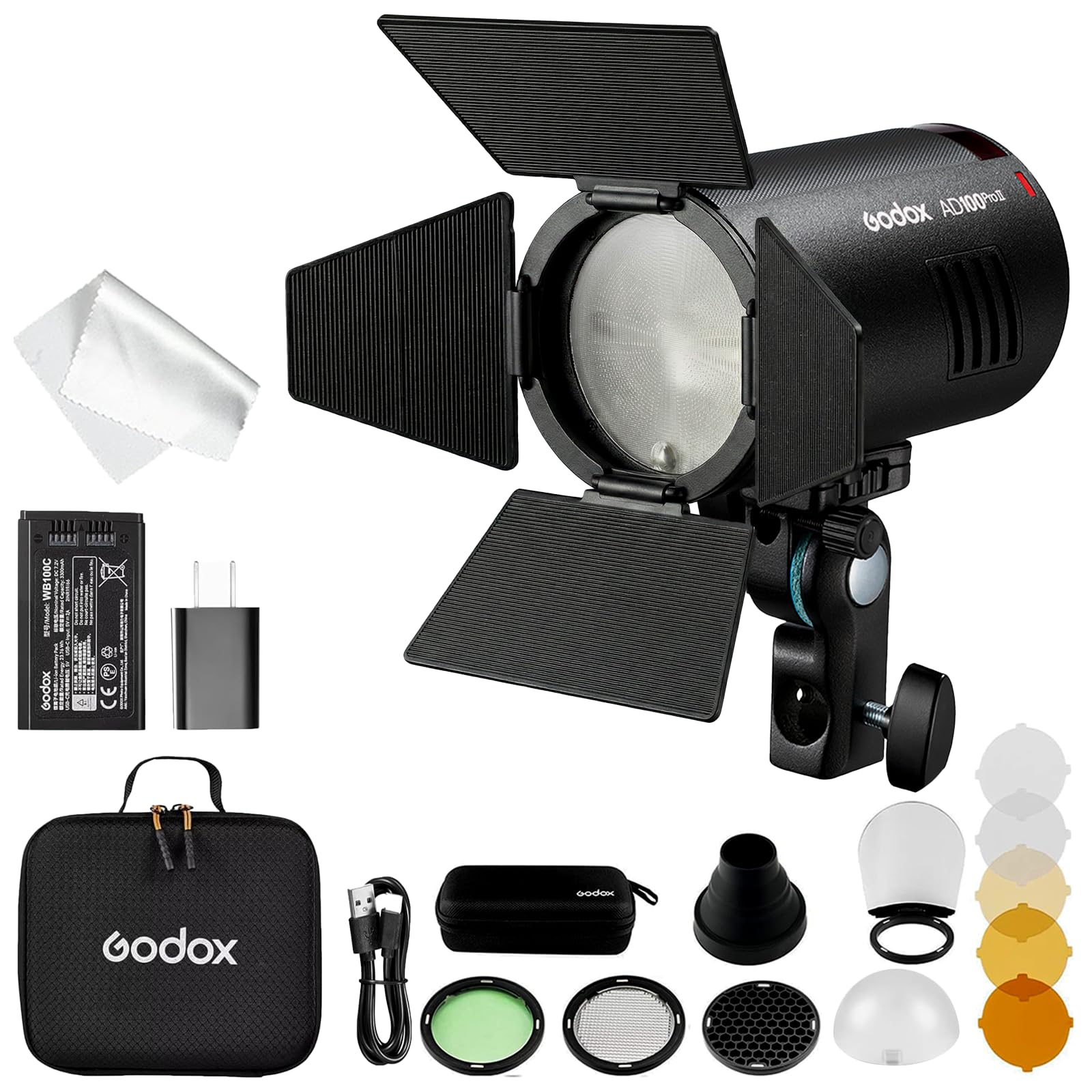 Godox AD100 Pro II AD100Pro II AD100Pro II AD100ProII flash estroboscópico con kit AK-R1, sistema X de 2.4 GHz + módulo de 433 MHz/LED de 2 W/10 niveles de brillo/490 pops de potencia completa/tiempo