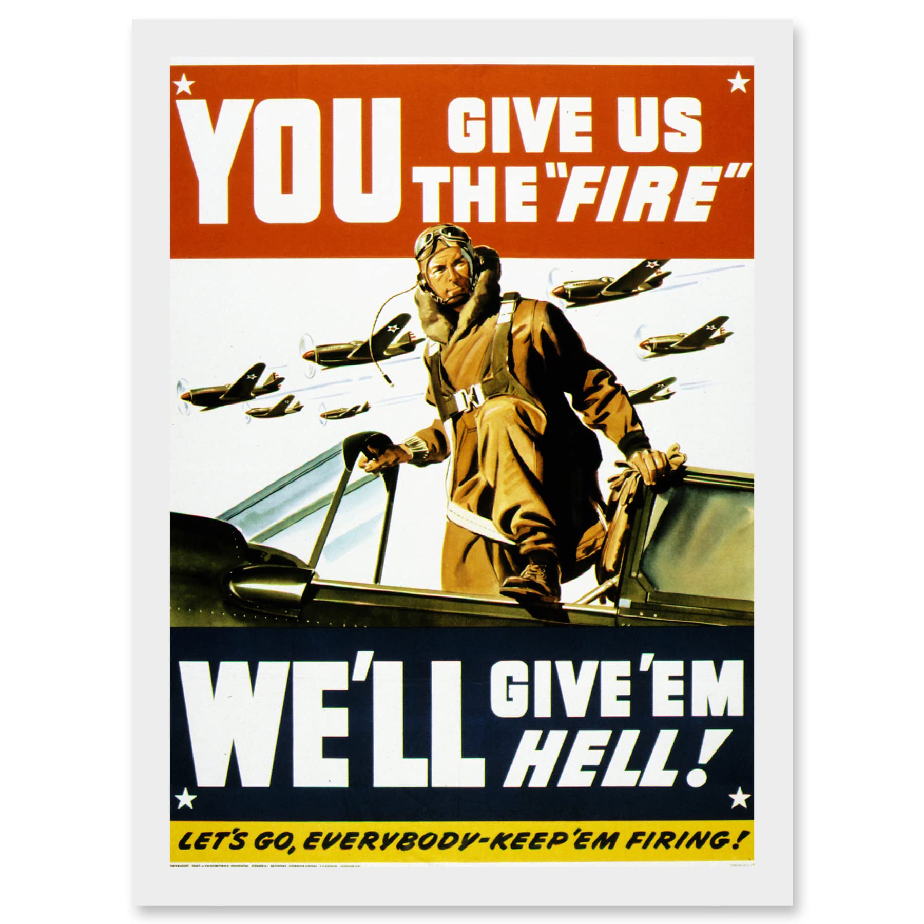Artery8 War World WW2 USA Pilot Fighter Advert Jet Plane Give Em Hell A4 Artwork Framed Wall Art Print