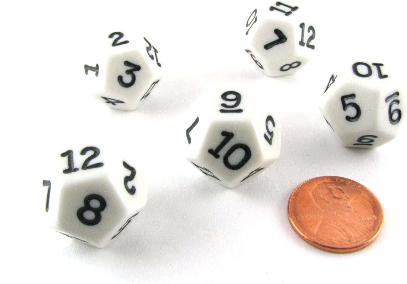 Set of 5 D12 12-Sided 18mm Opaque RPG Dice - White with Black Numbers