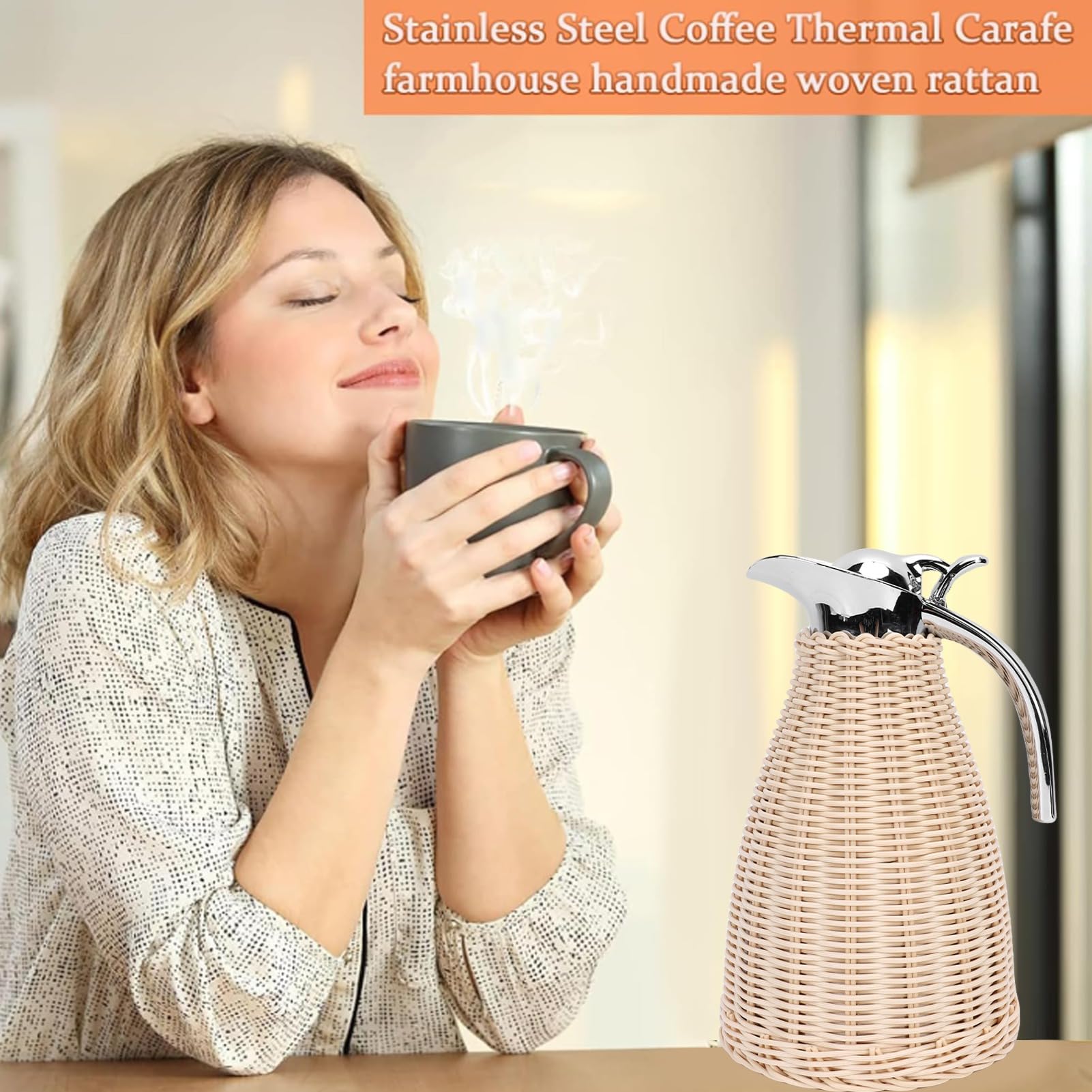 Jenngaoo Caraffa Termica in Acciaio Inossidabile intrecciato con Corpo in Rattan, Capacità 1.5 Litri, 3 Strati Isolanti, Mantenimento Caldo 12 Ore e Freddo 24 Ore, per Casa o Uffic (Beige)