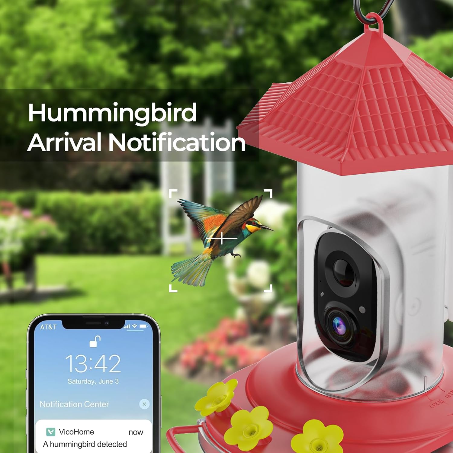 Smart Hummingbird Feeder with Camera, Wireless Bird Feeders with Solar Powered AI Recognition Instant Notifications, Feeder for Outdoor Ideal Gift for Bird Lovers