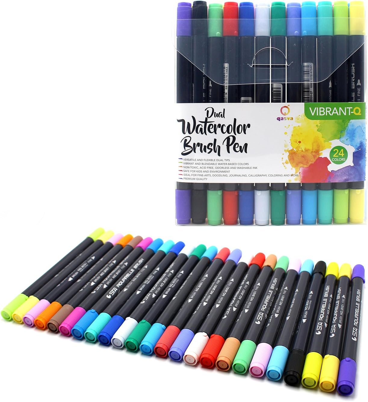 QASVA Watercolor Brush Pens 24 Piece Set, Art Markers for Drawing, Lettering, Journaling, Calligraphy, Doodling, Coloring Book, Dual Tip Brush Pens are Water-Based, Blendable, Non-Toxic, Safe for Kids