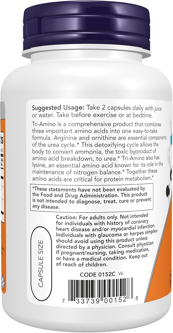 NOW Supplements, Tri-Amino with L-Arginine, L-Ornithine, L-Lysine, 120 Caps