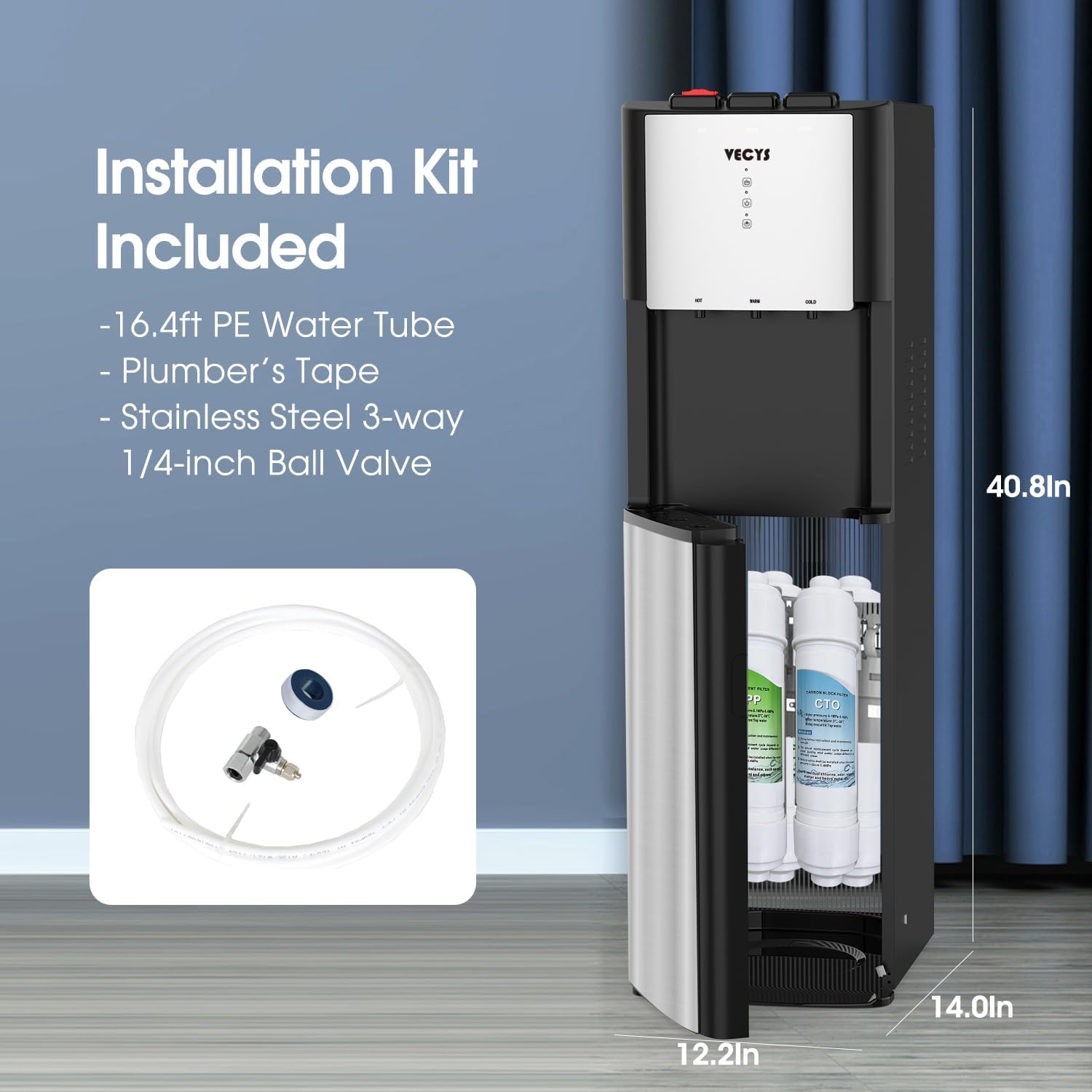 Installation kit components including PE water tube, plumber's tape, and 3-way ball valve