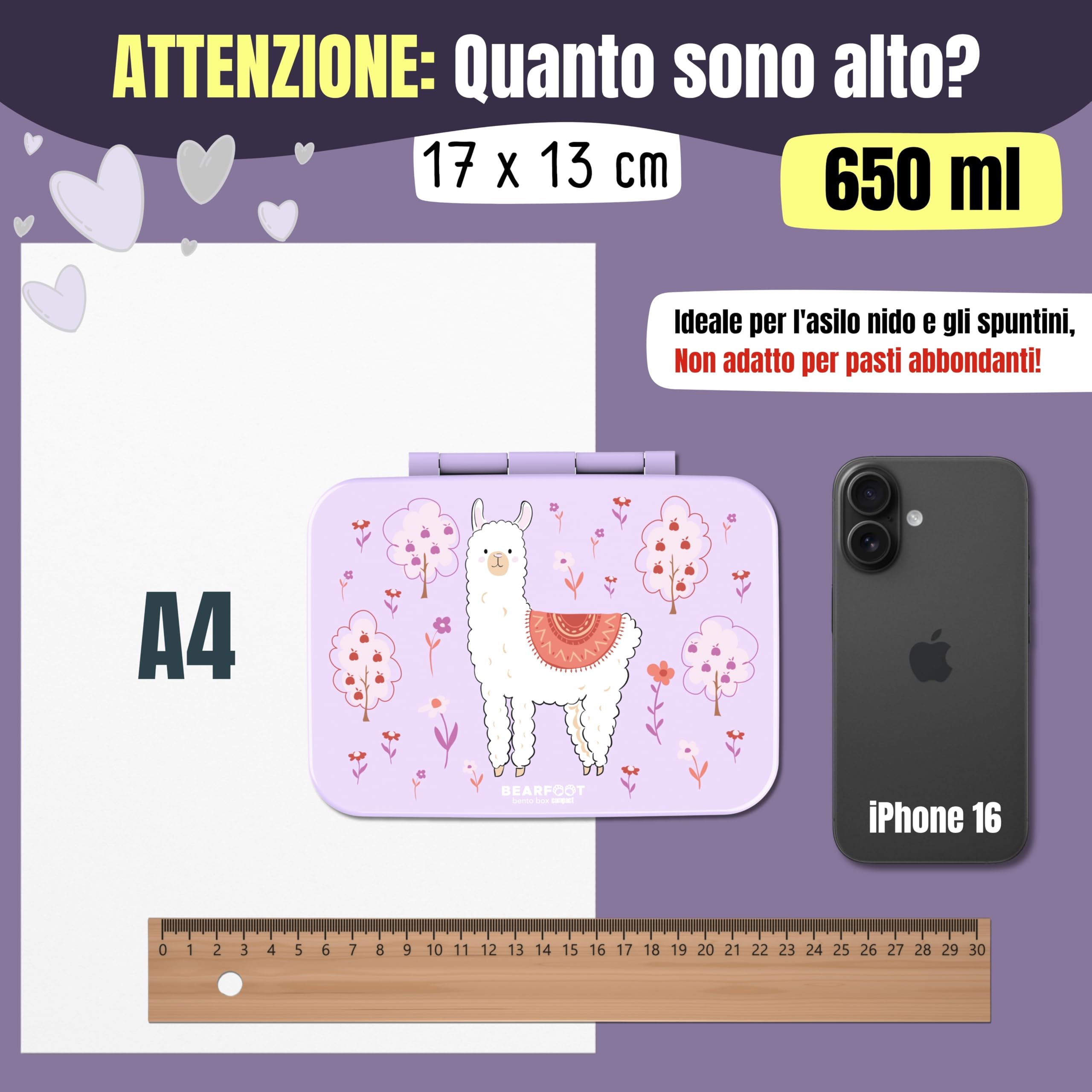 BEARFOOT – Porta Pranzo Bambini Compatta, Lunch Box Bento Box Senza BPA, Portamerenda Scuola con Scomparti, Leggera e Ermetica per Bambini e Bambine (Lama Viola, 650 ml)