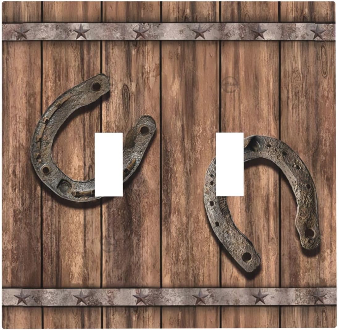 Rustic Farmhouse Light Switch Cover Plate Decorative 2-Gang Double Toggle Rusty Horseshoe Barn Wooden Vintage Theme Wall Plates Electric Switch Covers Faceplate for Bathroom Bedroom Kitchen