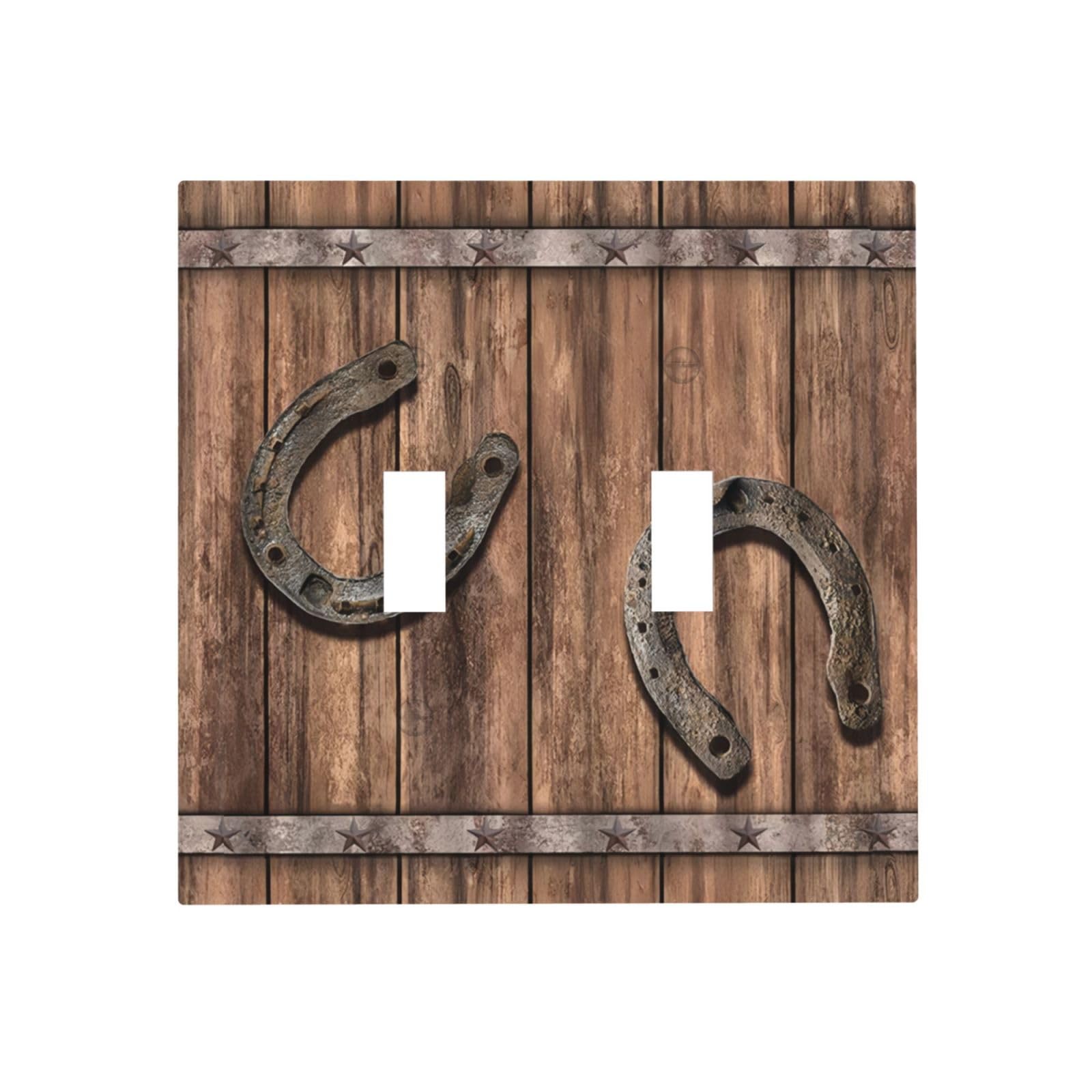 Rustic Farmhouse Light Switch Cover Plate Decorative 2-Gang Double Toggle Rusty Horseshoe Barn Wooden Vintage Theme Wall Plates Electric Switch Covers Faceplate for Bathroom Bedroom Kitchen
