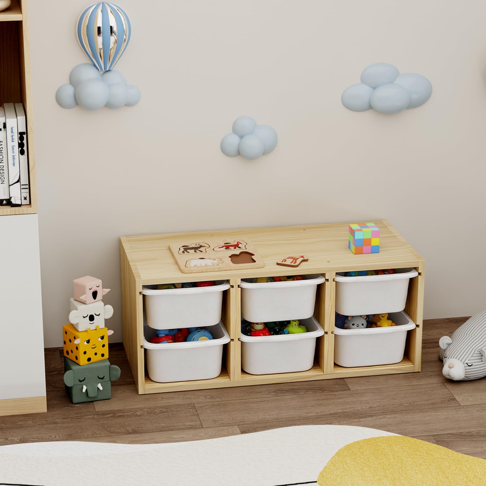 Organizador de juguetes Montessori de madera maciza para pared con 6 contenedores, estante de almacenamiento con superficie superior para aprendizaje y juego, revistero infantil y caja de juguetes