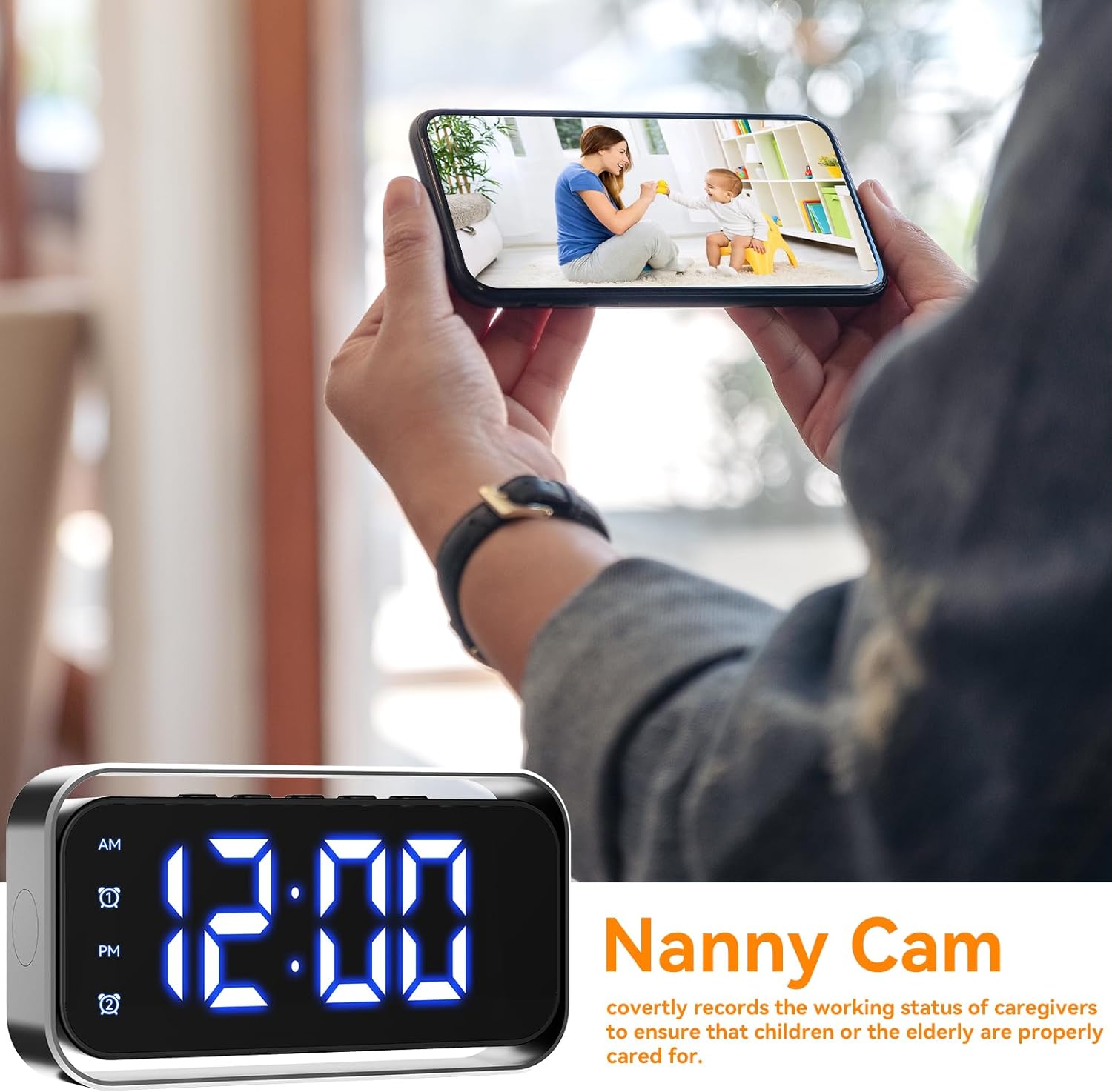Smartphone displaying live video feed of a baby and adult, with the hidden camera clock in the foreground, suggesting use as a nanny cam.
