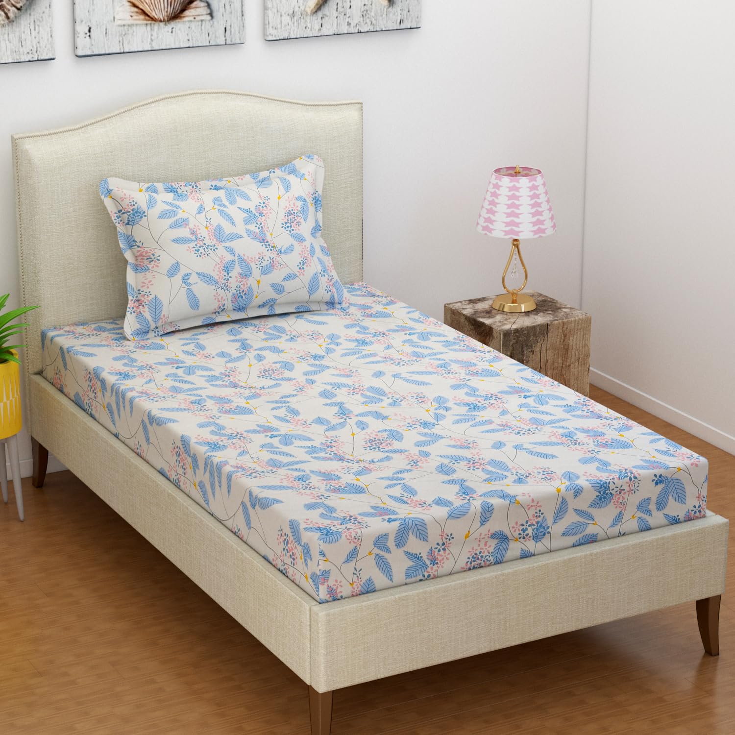 VAS COLLECTIONS Premium 3D Printed 144 TC Microfiber Single Bedsheet with 1 Pillow Covers (220X152 cm) Off White & Blue-image-46