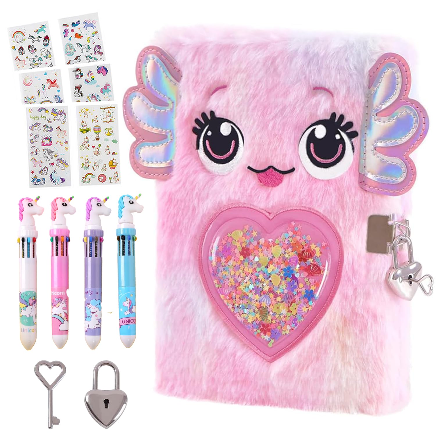 Masroo Axolotl Diary for Girls with lock and keys, Kids Journal School Travel Notebook Gift Set for Writing and Drawing,Multicolored Pen, Stickers, Birthday Gift for Girls ages 6-8