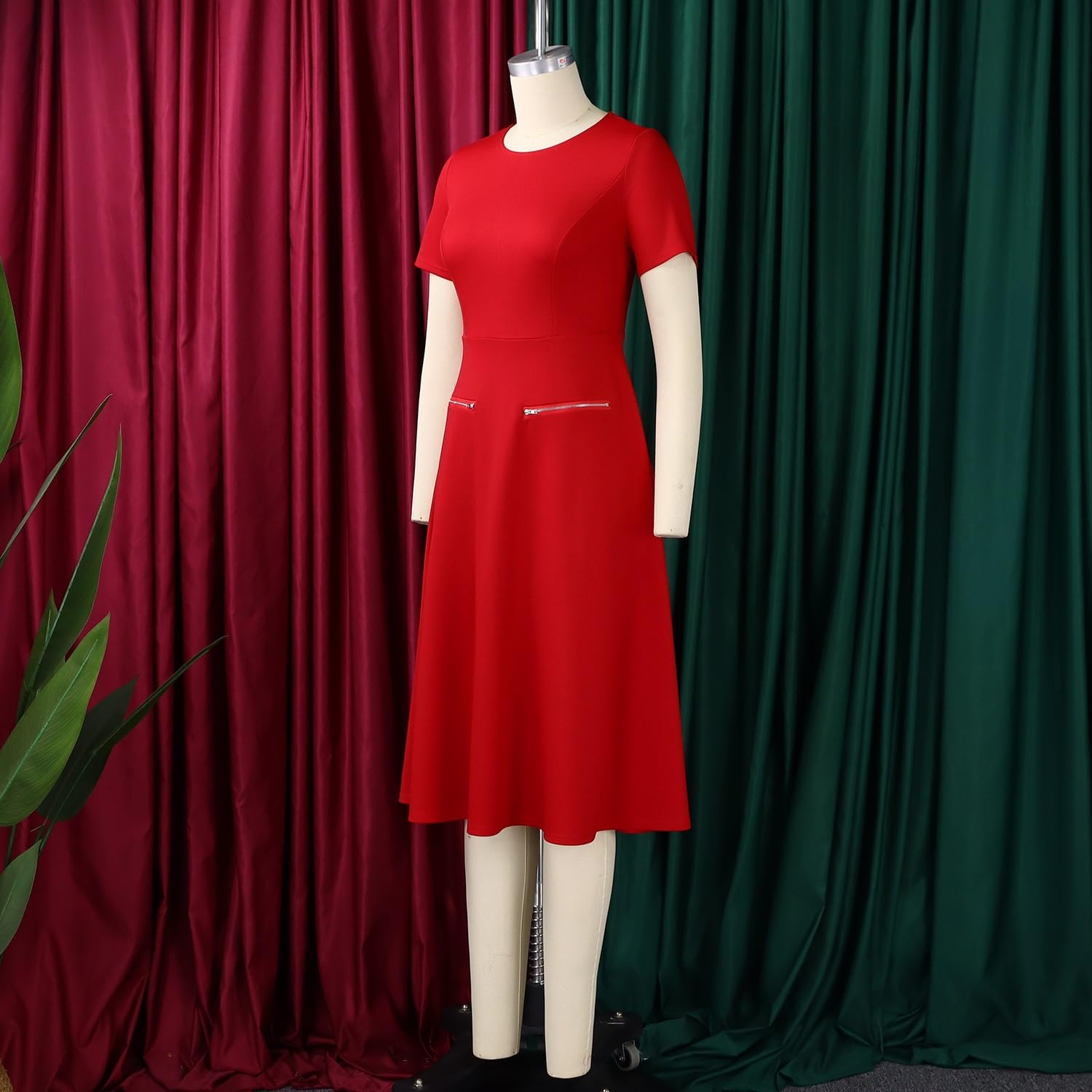 Vestido Midi Casual De Corte A Para Mujer Elegante, De Cuello Redondo, Manga Corta, Con Bolsillo Simulado, Ideal Para La Oficina, El Trabajo, Ocasiones Formales Y Fiestas