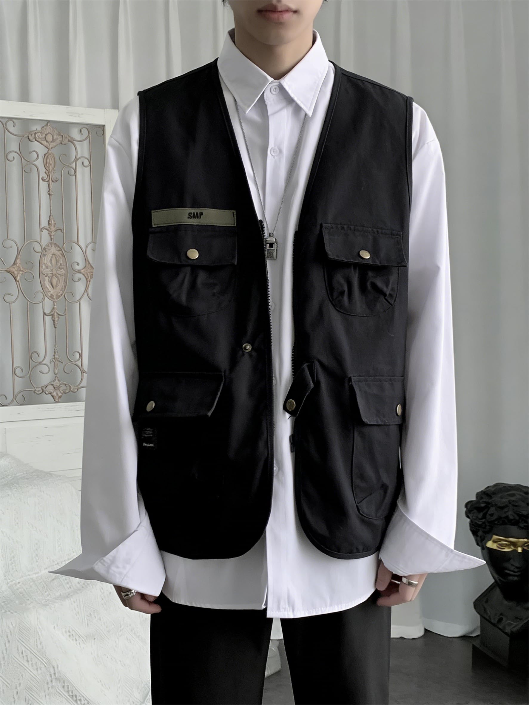 Men's Utility Multi-Pocket Vest - Button & Zipper Closure for Casual, Streetwear Layering