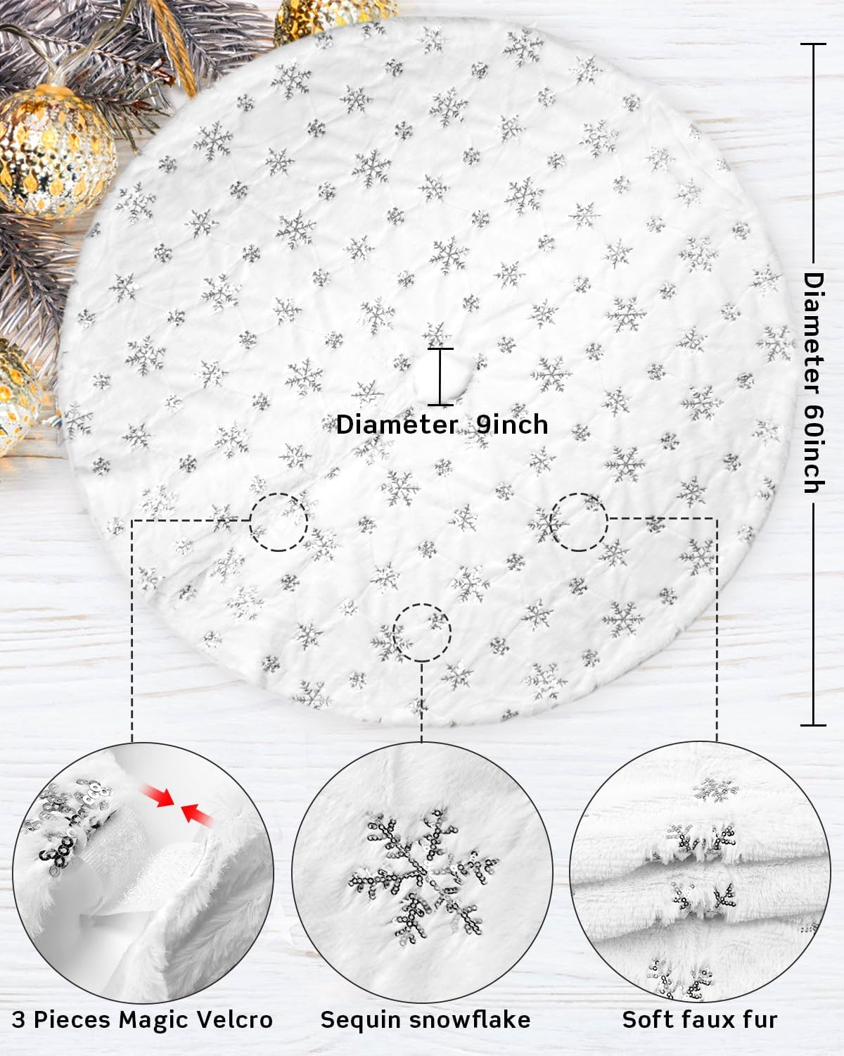 COOLWUFAN 60 Inches Faux Fur Christmas Tree Skirt for Xmas Tree Holiday Party Decorations White Plush Silver Sequin Snowflake (Silver)