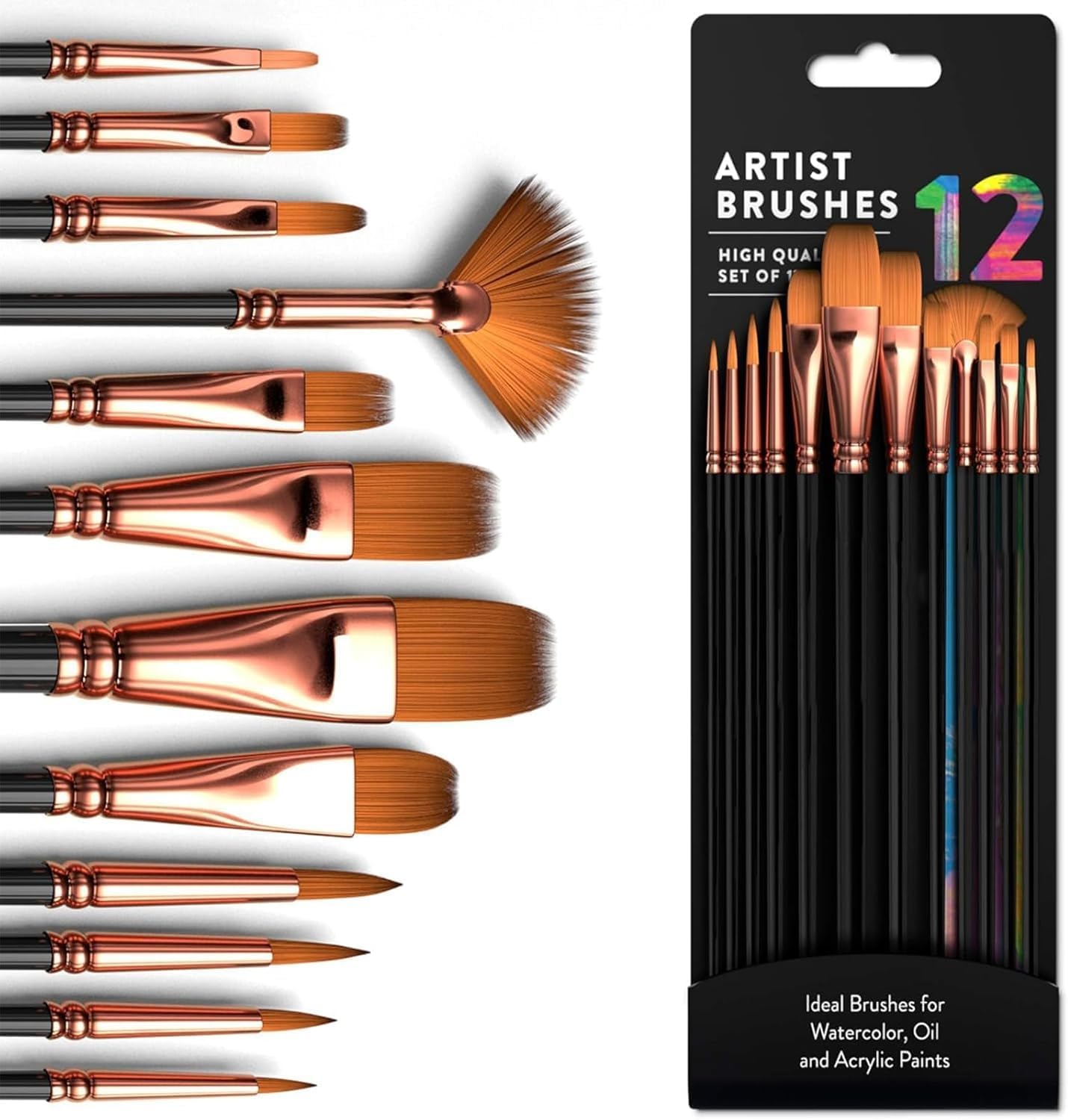 Premium Paint Brushes 12 Different Professional Drawing Paint Brush Set Black Colour, Wide to Fine Tip, Nylon Hair Artist Paintbrushes