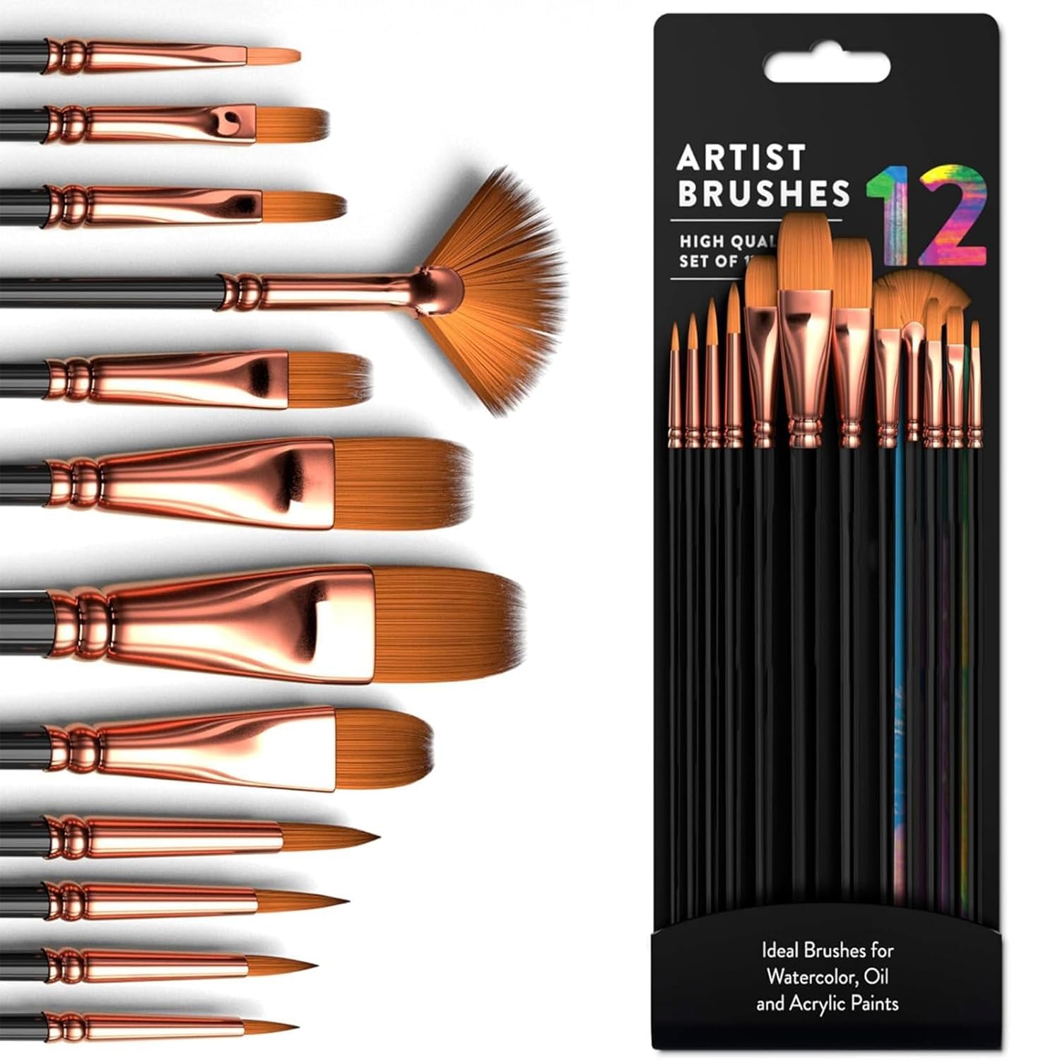 Premium Paint Brushes 12 Different Professional Drawing Paint Brush Set Black Colour, Wide to Fine Tip, Nylon Hair Artist Paintbrushes