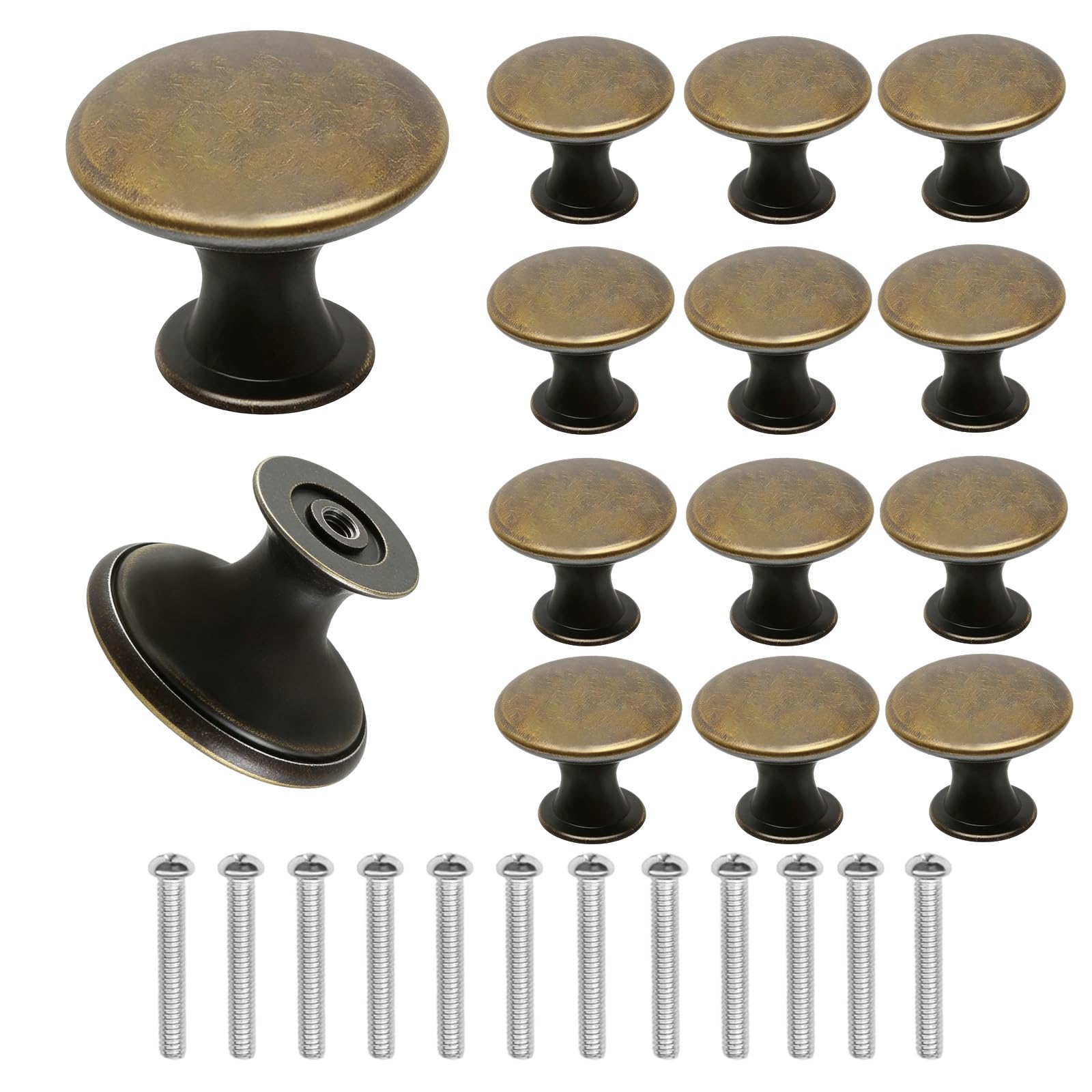 HDFHDF 12pcs Antique Brass Door Knobs Knobs for Cupboards Draws Stainless Steel Circular Single Hole Wardrobe Drawer Tea Water Cabinet Knob with Screws (Antique Bronze)