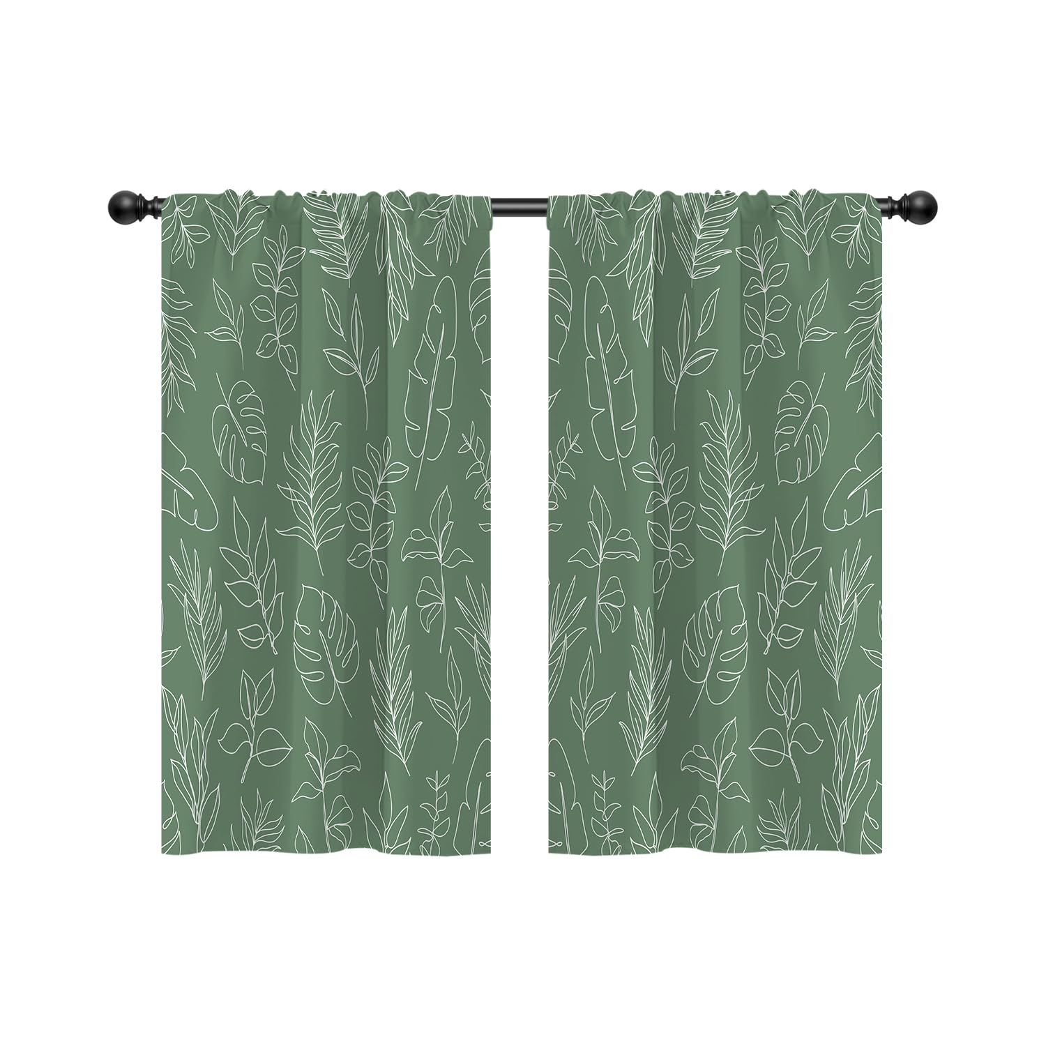EOVDSFW Green Kitchen Window Curtains Rod Pocket Small Short Cafe Sage Plant Botanical Leaf Succulent Floral Vintage Drapes 2 Panels for Living Bedroom Decoration Decor 27.5X39 inch