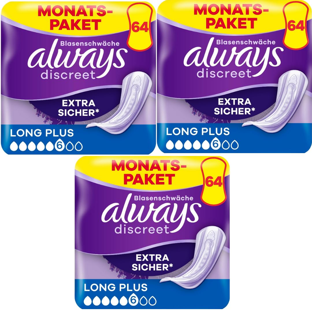 Discreet Inkontinenz-Einlagen Long Plus (Größe 6) Pads Damenbinden 4 X 16 STÜCK x 3 Packungen mit Pufai Grocery