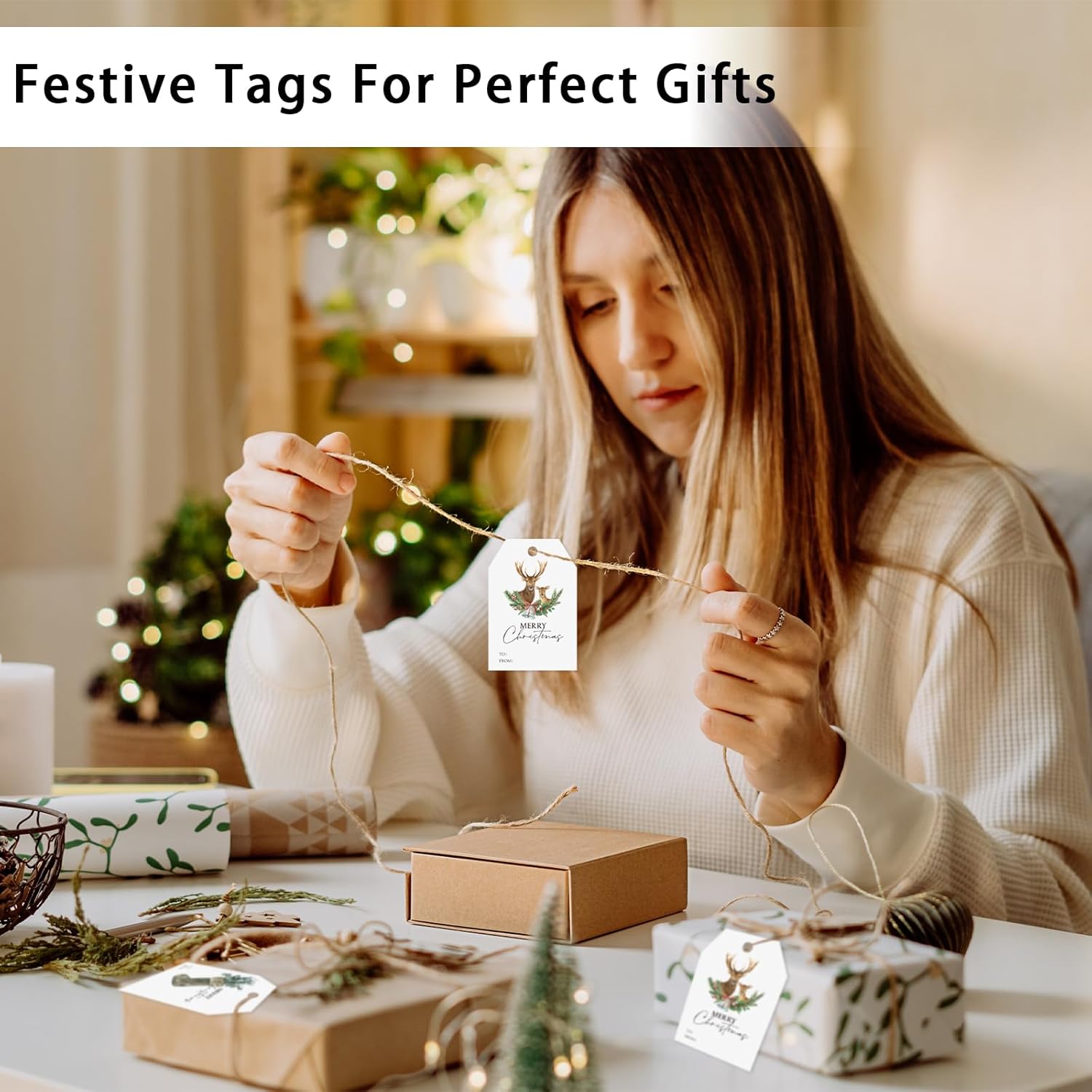 200 Pcs Christmas Gift Tags with String Attached Merry Christmas Name Tags for Gifts, Happy Holiday Watercolor Plants Wishes Wrapping Merry Xmas Paper Name Labels for Presents Party Favors - Image 3