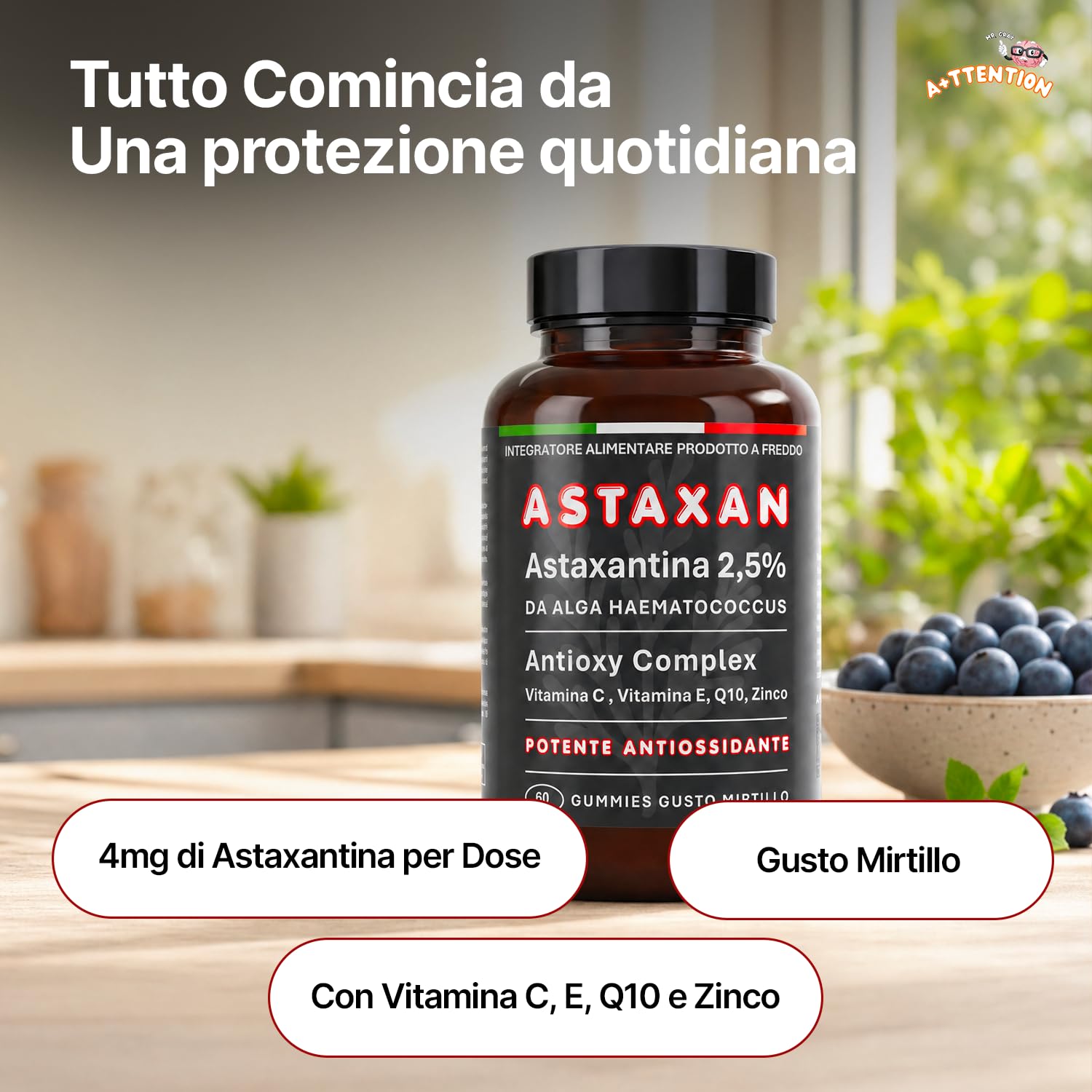 A+ttention Mr.Gray ASTAXAN | Antioxy Complex | Astaxantina 2,5% Haematococcus Gummies 60 Caramelle | Vitamina C E Q10 Zinco | Estratto a Freddo| Made In Italy|1 Mese