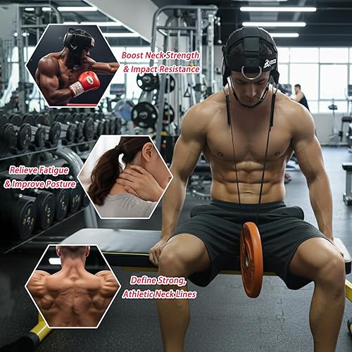 Miniatura 6 de Arnés de cuello ajustable con sistema de polea y bandas de resistencia, entrenamiento multidireccional de levantamiento de pesas para el cuello para