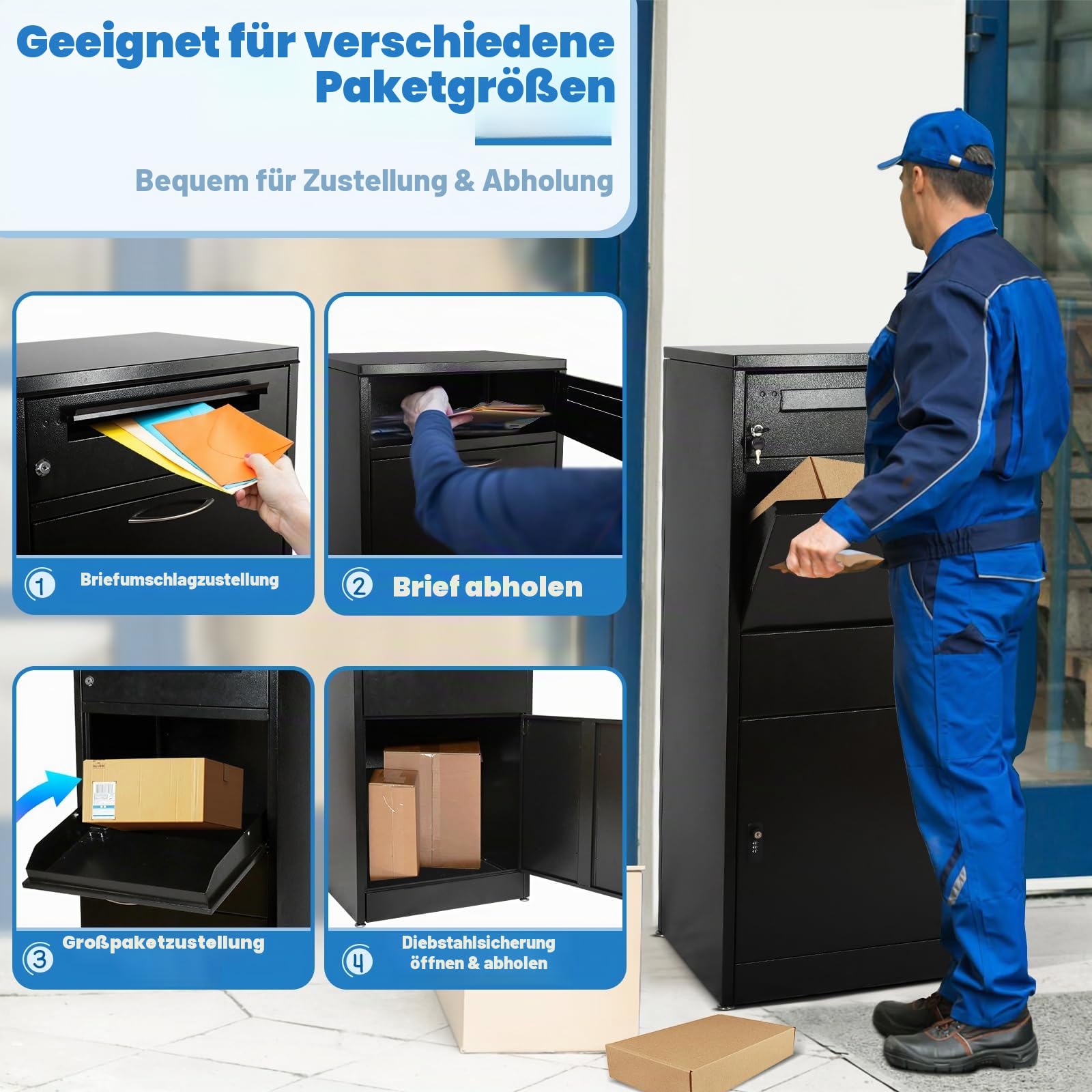 Briefkasten Paketbox für Außen, Großer Paketkasten mit Zahlenschloss, Stahl Edelstahl Briefkasten, Paketbriefkasten mit Wasserdichter & Diebstahlsicherer Funktion(50 * 36.5 * 114cm)