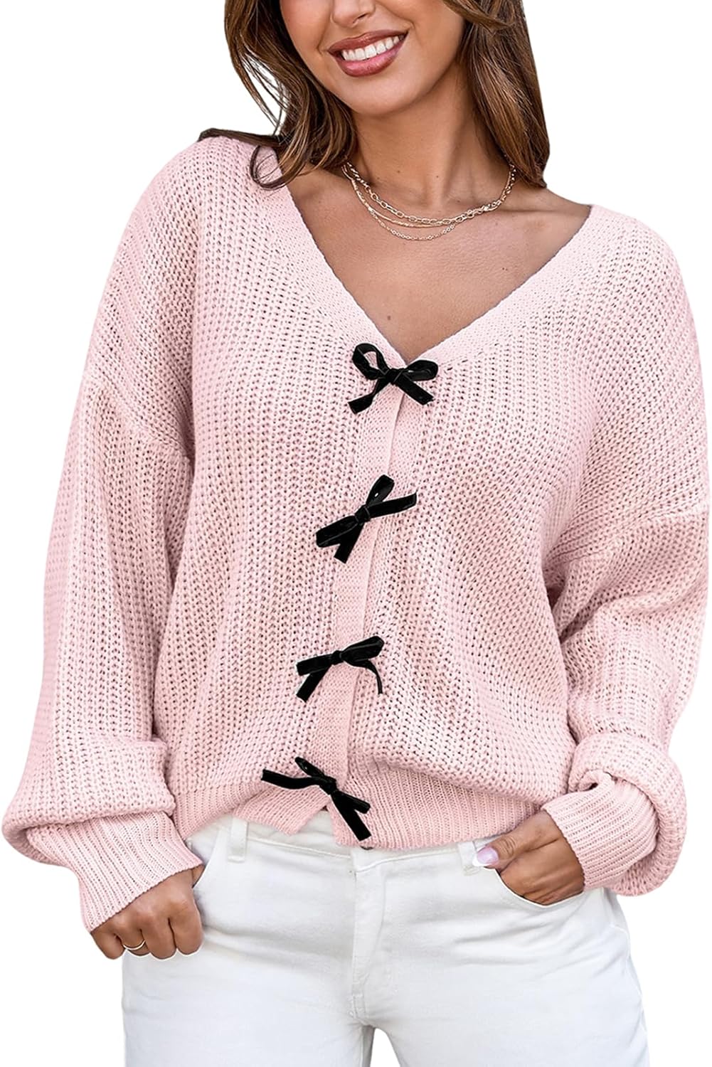 CUPSHE Womens Sweaters Bow Sweater Neck Casual Long Sleeve Lightweight Crochet Pullover Sweater Tops