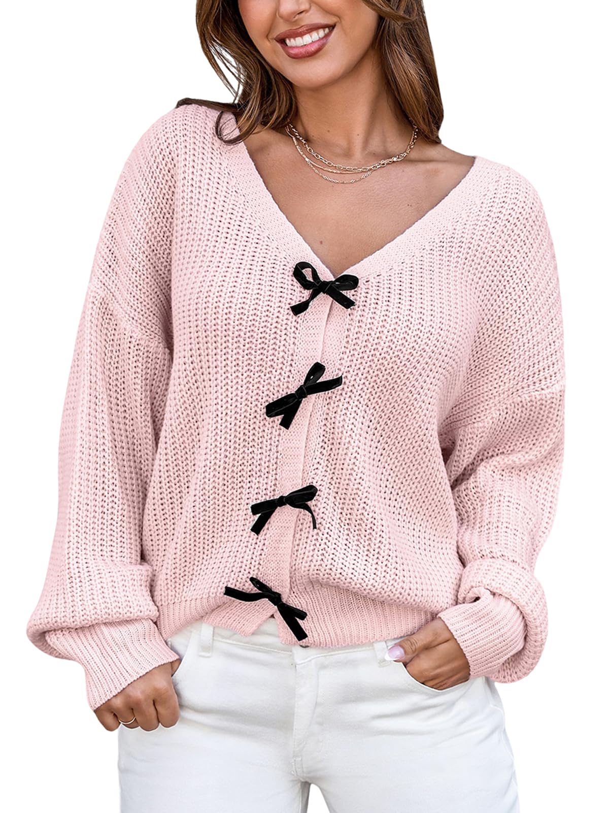 CUPSHE Women's Long Sleeve Bow Sweater Crochet Knit V-Neck Trendy Autumn Pullover Sweaters Top