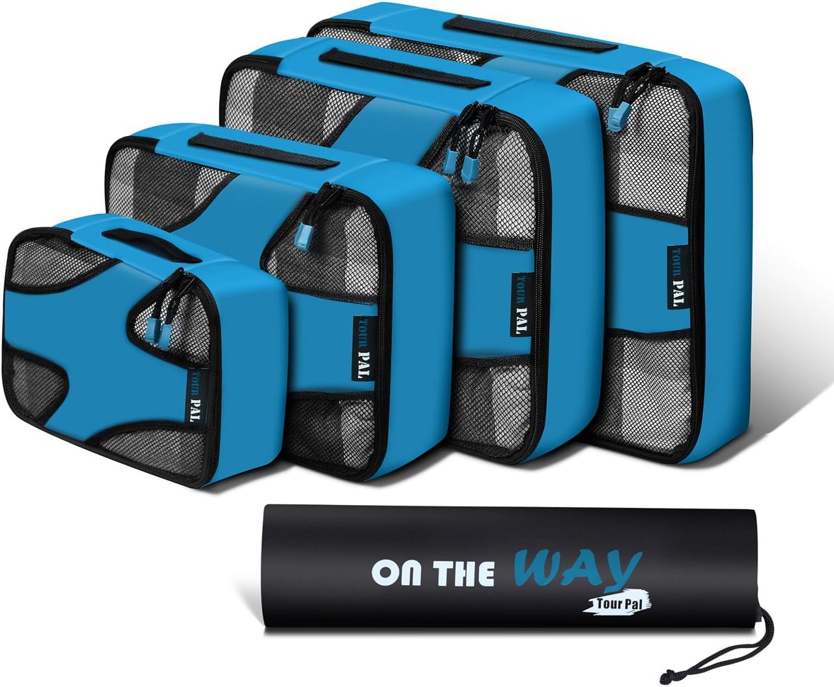 4 Set Packing Cubes Various Sizes Travel Organizers with Laundry Bag Lightweight Luggage Organizer Laundry Bags(Blue)