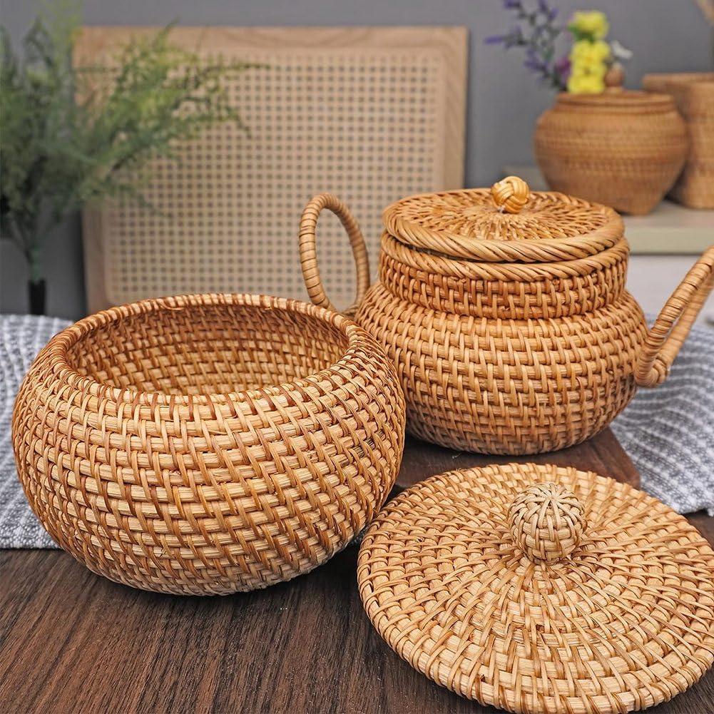 Amazon.co.jp: LAMELLIS ラタンラウンドバスケット 蓋付き ラタン収納