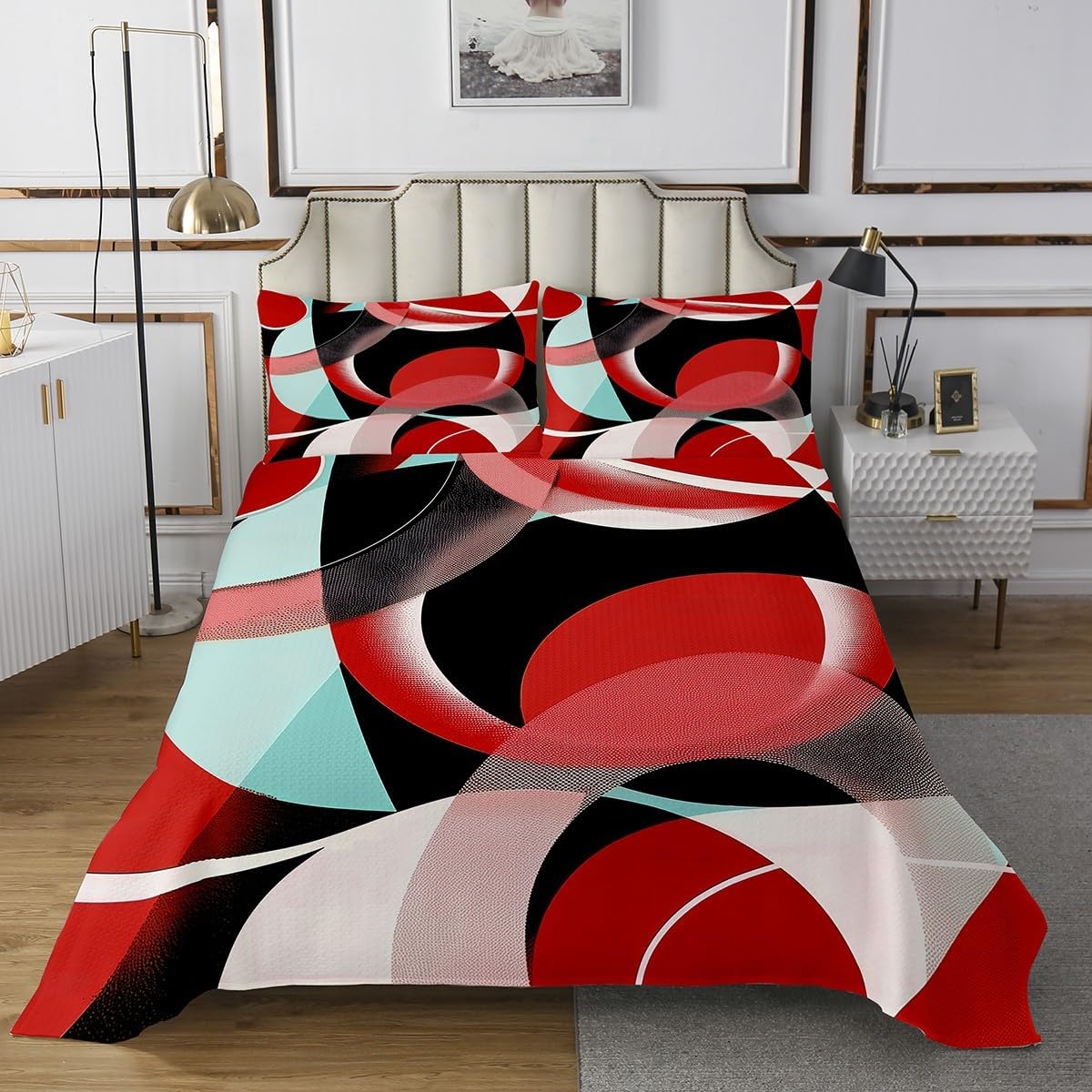 Erosebridal Teal Red Black Quilt Set Queen Size for Kids Teens Adults,Abstract Geometric Lines Coverlet Set,Modern Fashion Bedspread Set,Minimalist Simple Bed Cover Bedroom Decor