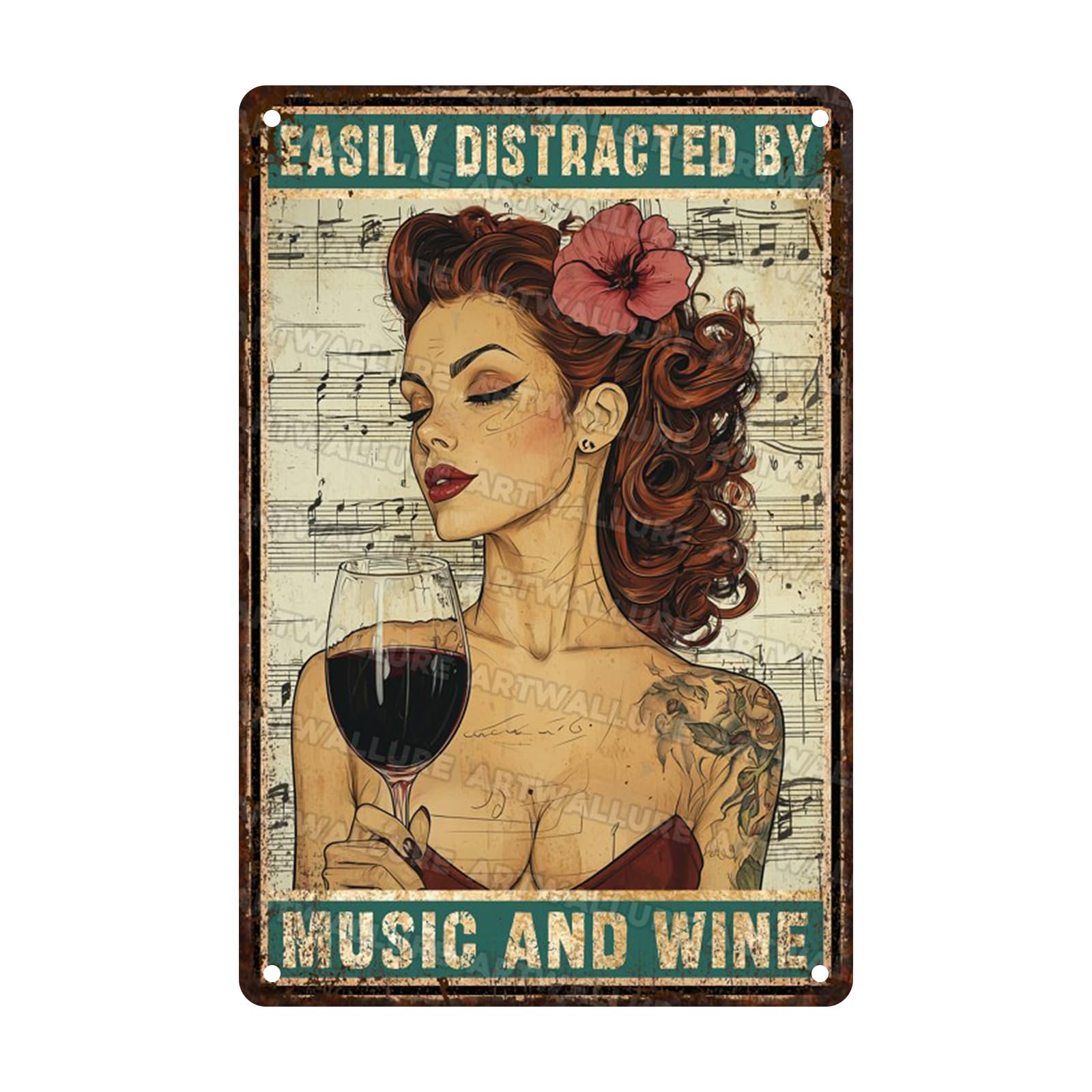 Anceky Tin Sign Easily Distracted By Music And Wine Signs Retro Wall Decor for Living Room Outdoor Yard Garage Home 12×8 Inch