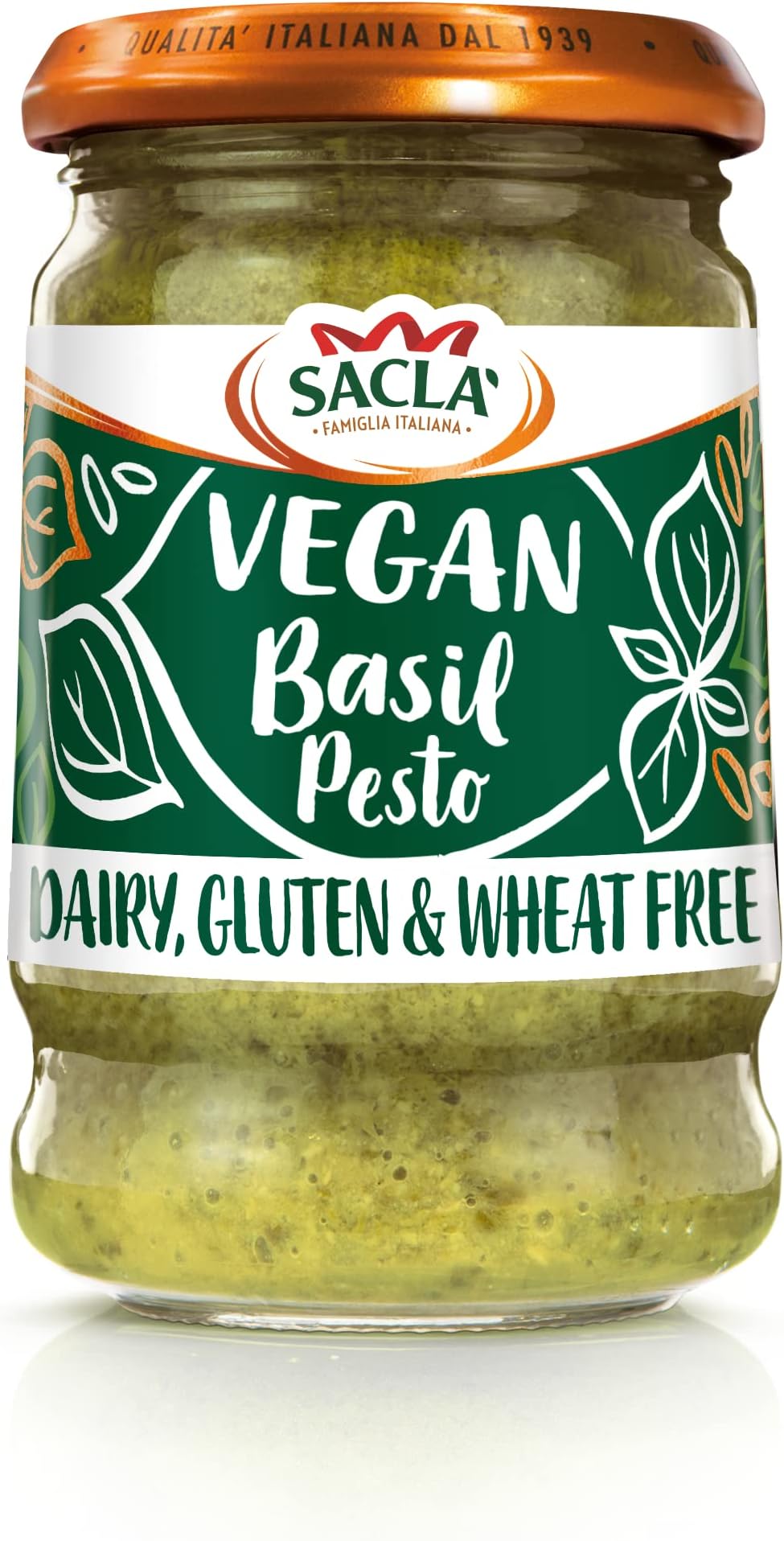 Italian Vegan Basil Pesto - Perfect with Pasta, Pizza, Garlic Bread and Tagliatelli - Made with Fresh Basil Leaves, Pine Nuts and Olive Oil - 190g (Pack of 1)
