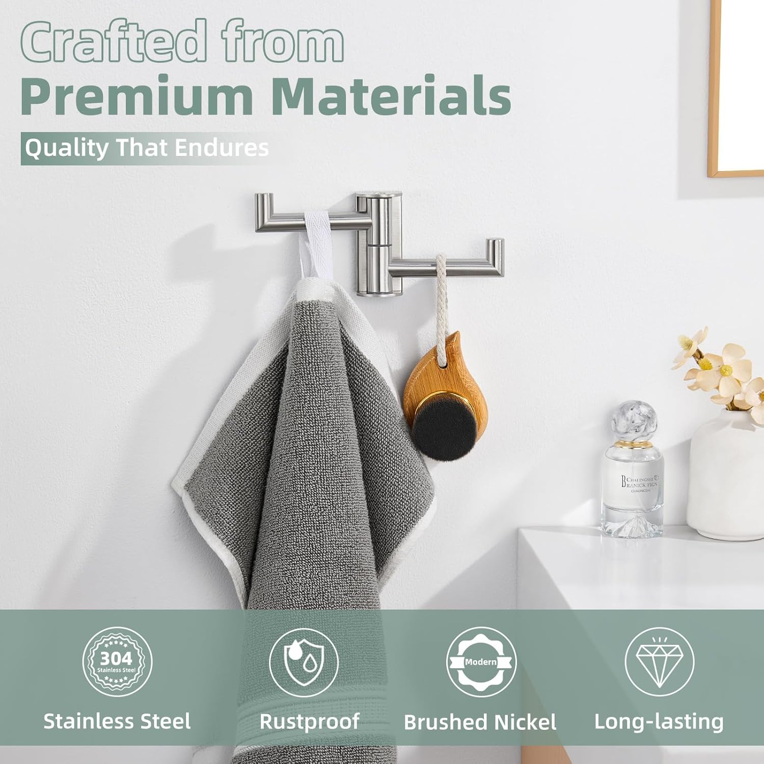 Aomasi Brushed Nickel Double Swivel Towel Hook, 304 Stainless Steel Folding Clothes Hanger, Wall Mounted