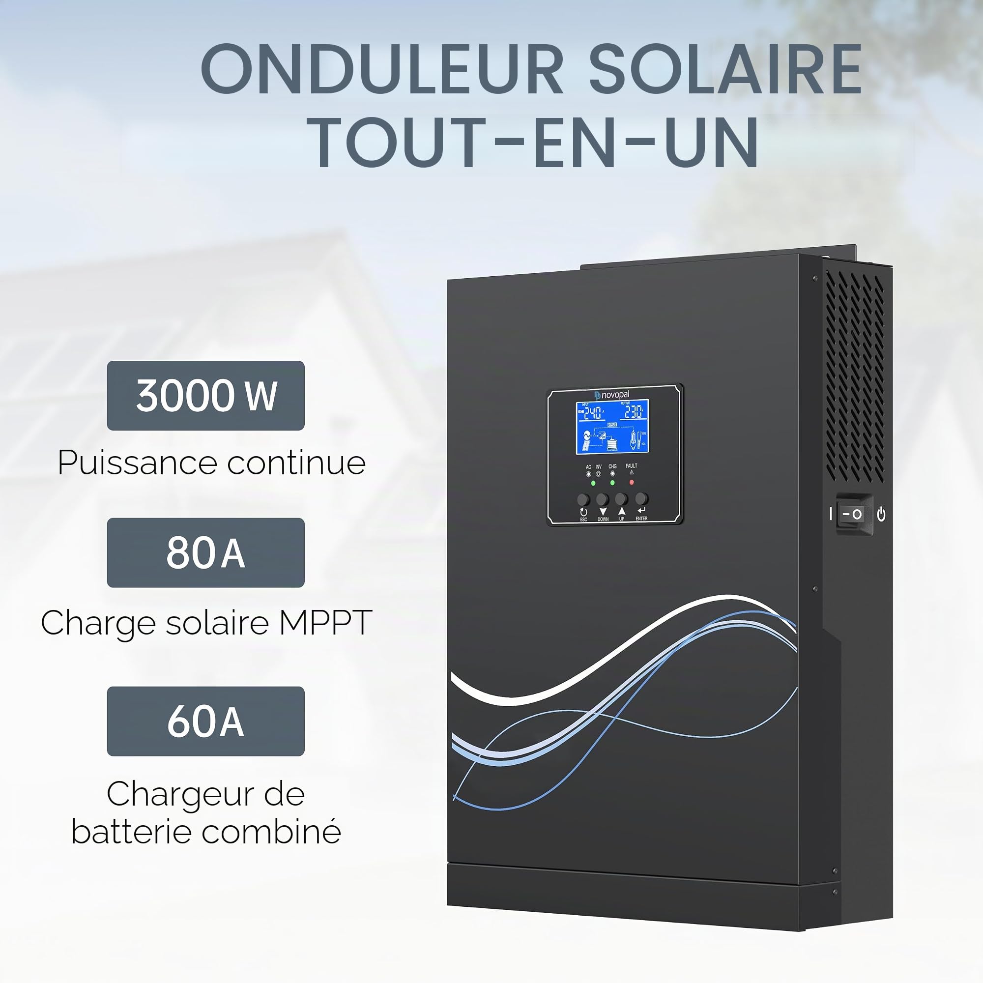NOVOPAL 3000W Onduleur Hybride 24V DC à 230V AC Off Grid Pur Sinus Solar Convertisseur avec 80A MPPT régulateur de Charge PV Maximum 450V DC