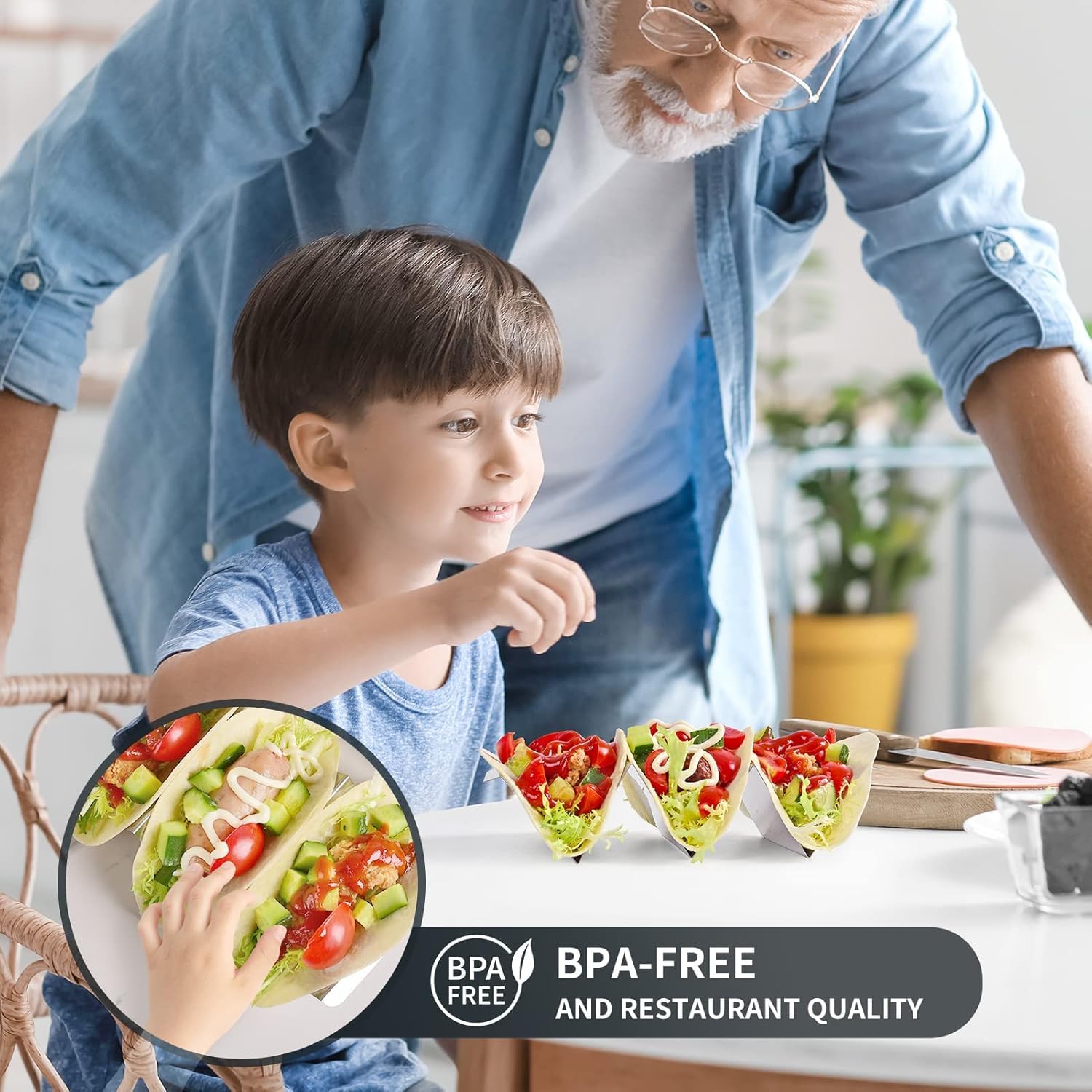 LATERN 6 Pezzi Porta Tacos, 21CM x 10CM Supporto per Tacos in Acciaio Inox Vassoi Verticali per 3 Pezzi Tacos Eleganti Porta Tacos con Manici - Resistente al Forno, Griglia e Lavastoviglie