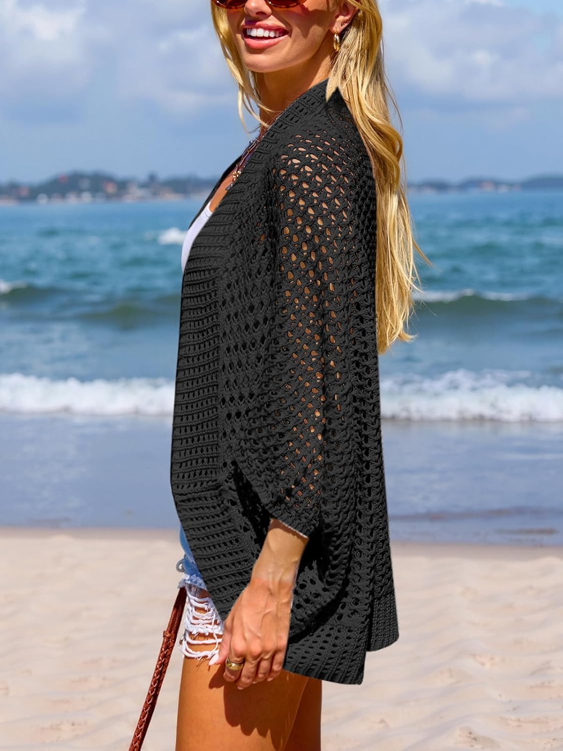 CUPSHE Women's Knit Open Front Long Dolman Sleeves Beach Crocheted Cover-Up Vacation - Image 4