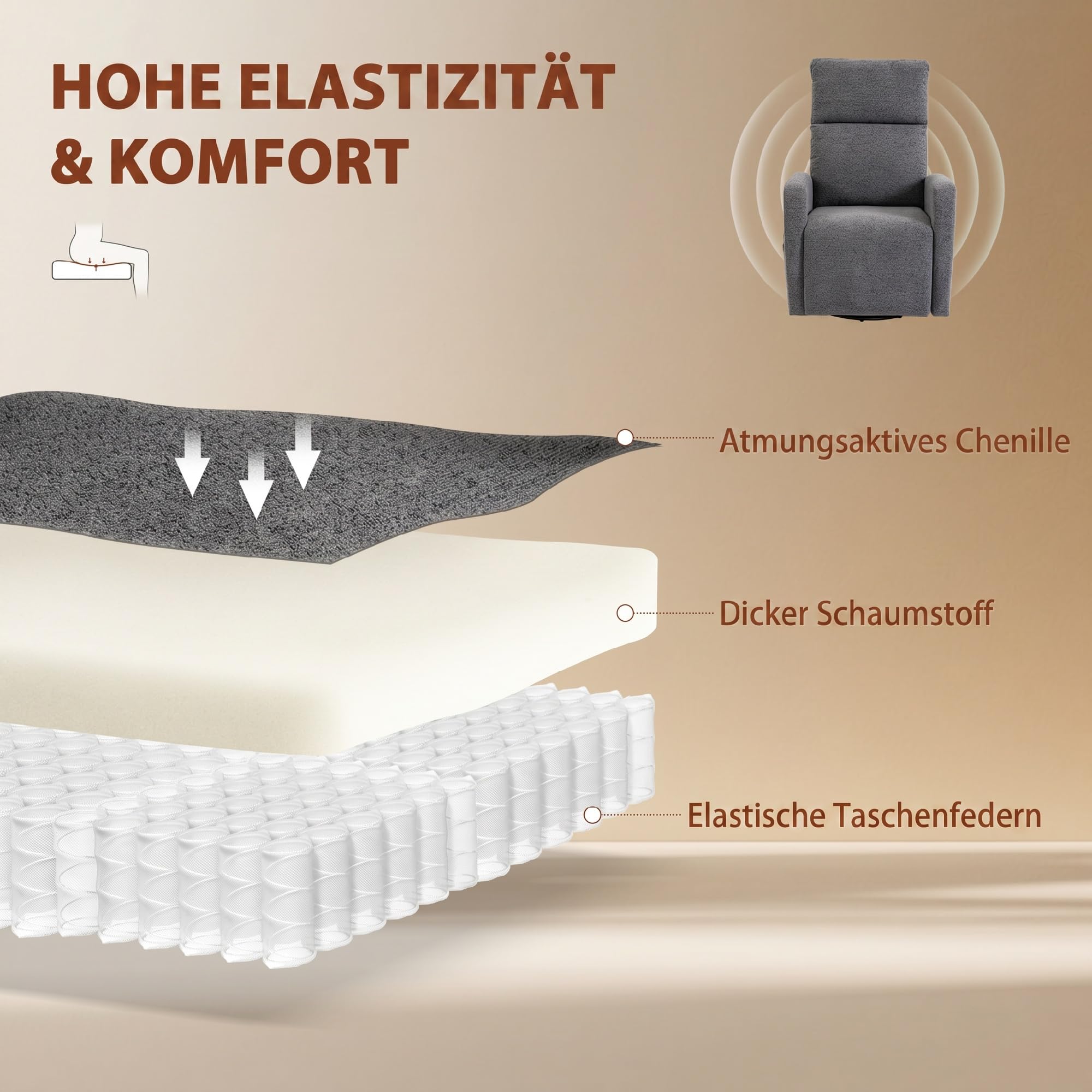 HOMCOM Relaxsessel Fernsehsessel Wärme und Vibrationsmassage Dunkelgrau | Drehbarer Massagesessel, Liegefunktion, Wippfunktion, Seitentasche, TV-Sessel mit Chenille-Optik, für Wohnzimmer