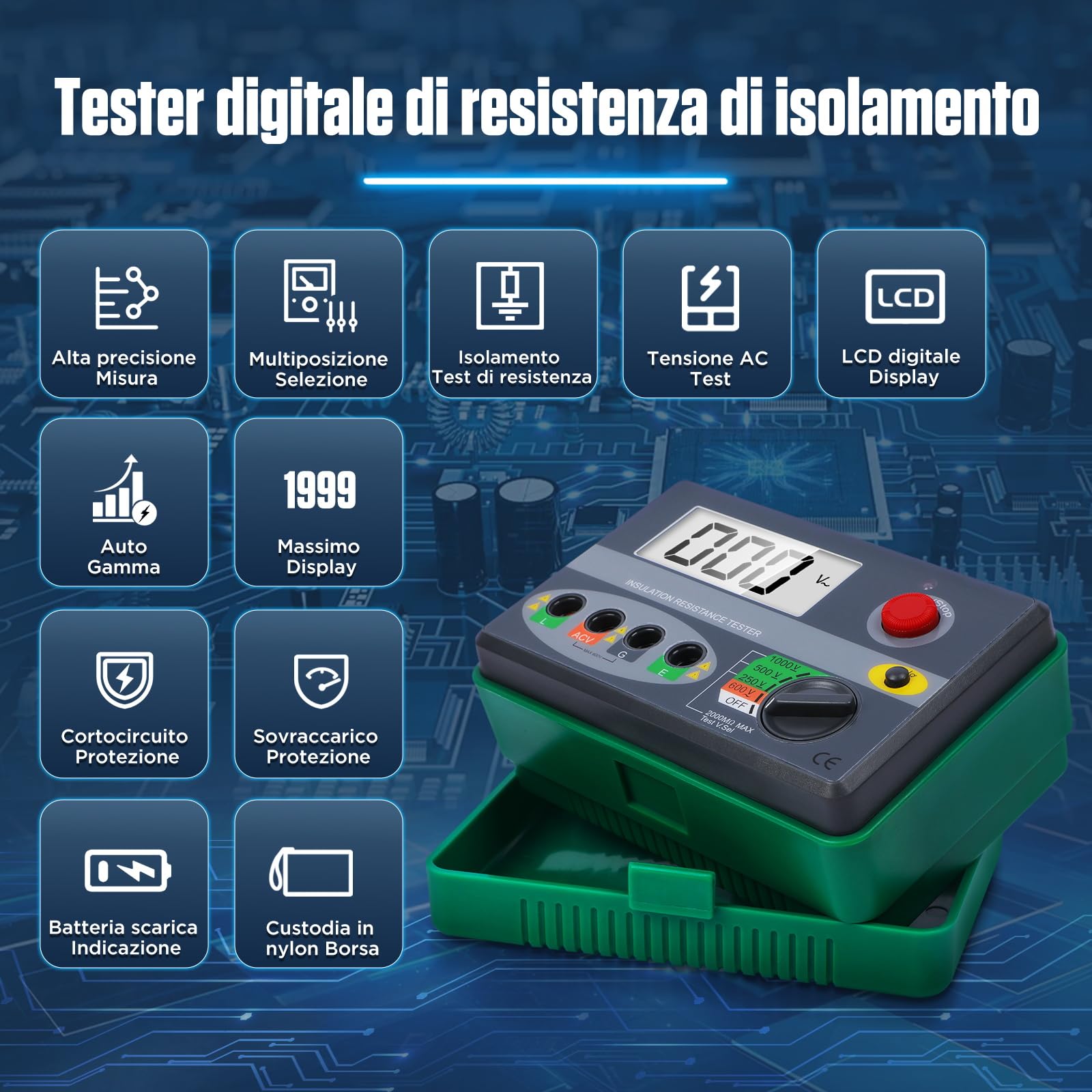 KAISAL Tester di resistenza all'insulazione digitale, 0.01M-2000 MΩ, tester di isolamento con linee di misurazione, punta bassa resistenza, Megaohmmeter DC 250 V/500 V/1000 V
