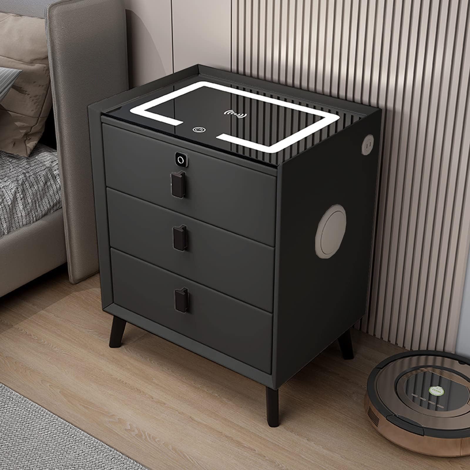 Black,Three drawers,XNSHUNHOYN Table Bedroom Smart Bedside Table with LED Light,Smart Nightstand with Fingerprint Lock and Speaker,Minimalist New