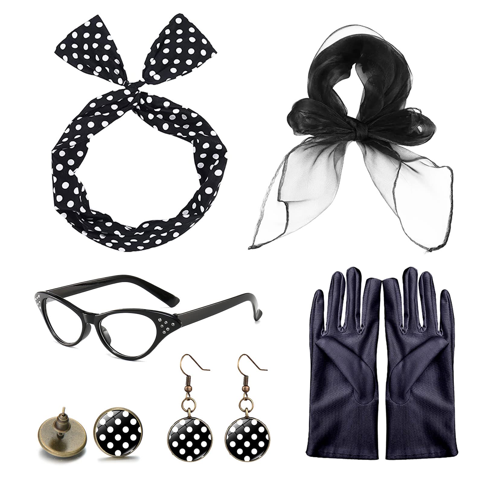 Fvomye 4 Pieces Black Women Retro 50's Costume Accessory Set Polka Dot Style Eyeglasses 1950s Earrings Tie Headband Scarf (Black